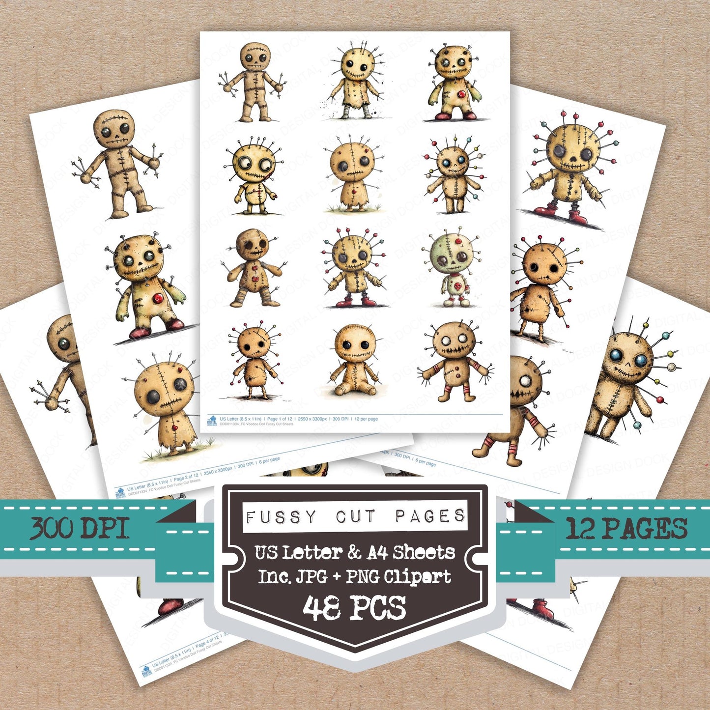 Voodoo Doll fussy cut printable sheets for junk journaling, scrapbooking, and paper craft projects