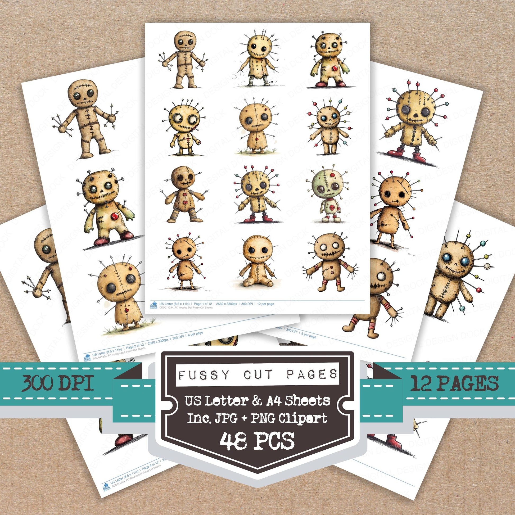Voodoo Doll fussy cut printable sheets for junk journaling, scrapbooking, and paper craft projects