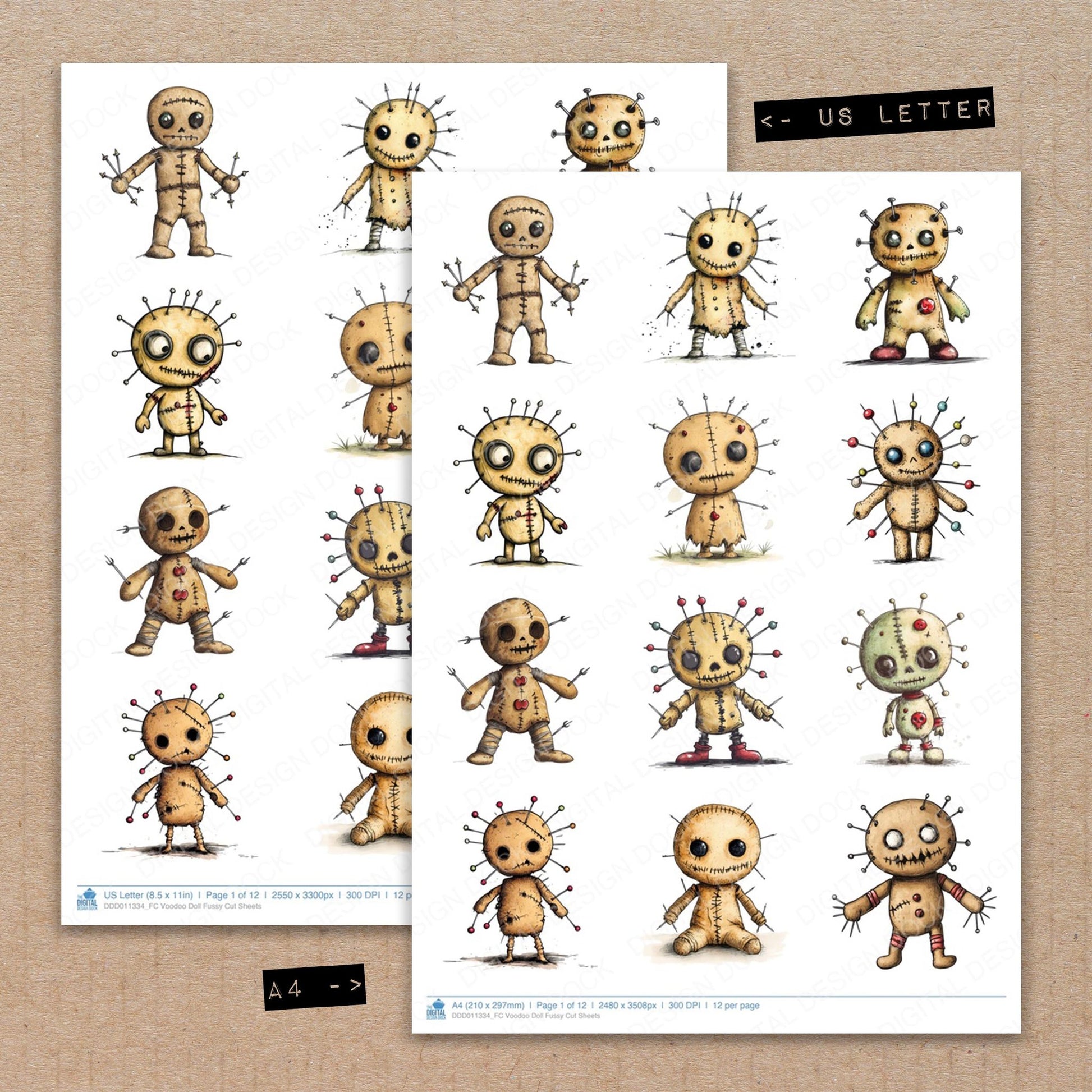 A4 and US Letter format comparison showing Voodoo Doll fussy cut pages for print and cut crafting