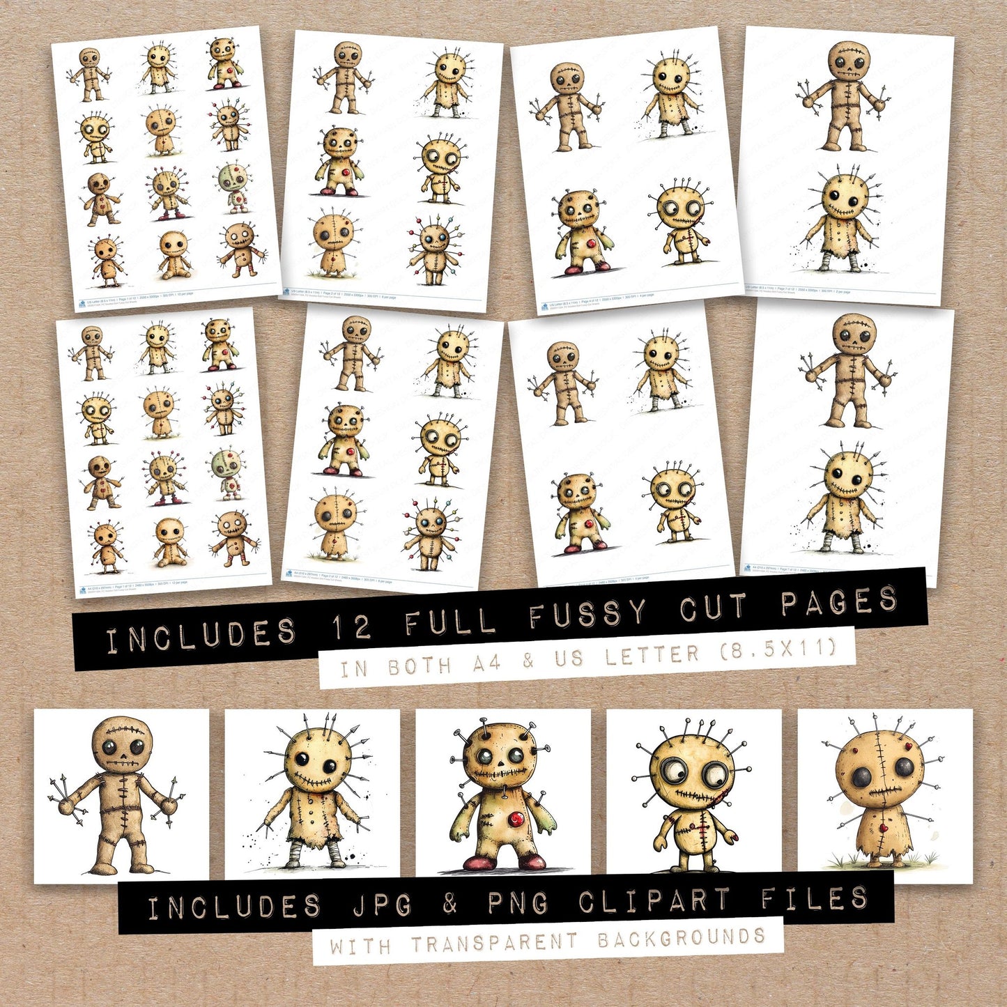 Full collection view of Voodoo Doll fussy cut sheets with bonus clipart JPG and PNG files