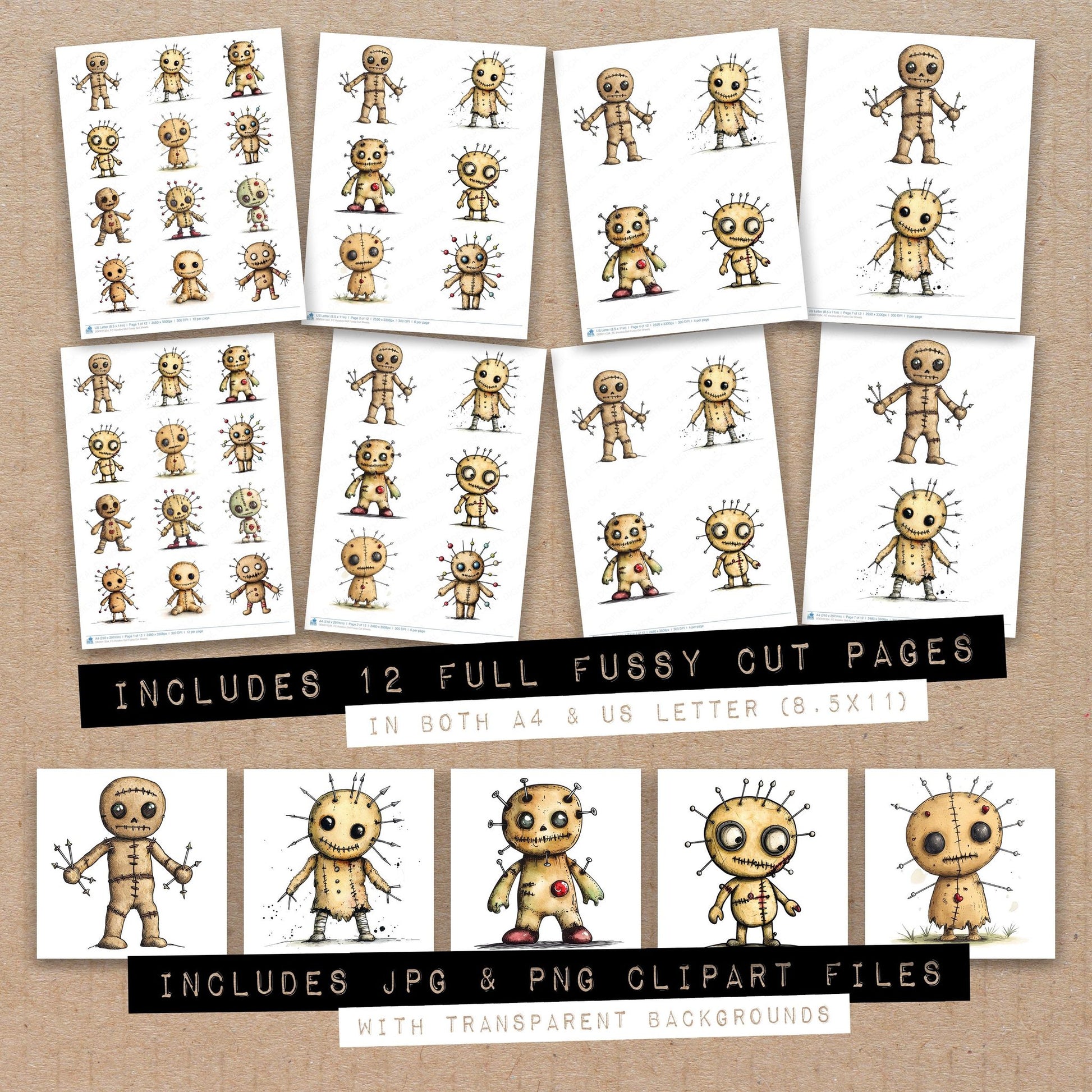 Full collection view of Voodoo Doll fussy cut sheets with bonus clipart JPG and PNG files