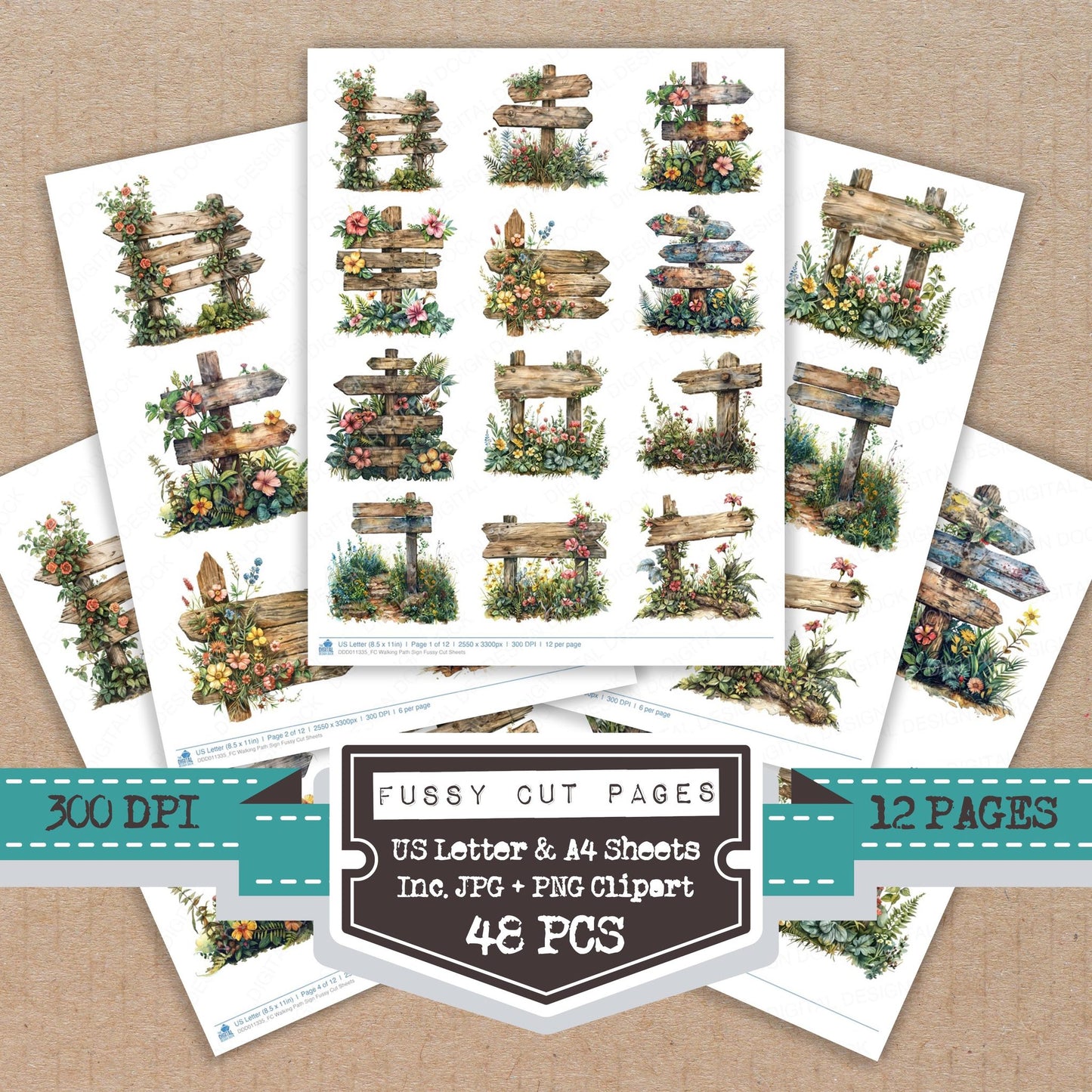 Walking Path Sign fussy cut printable sheets for junk journaling, scrapbooking, and paper craft projects