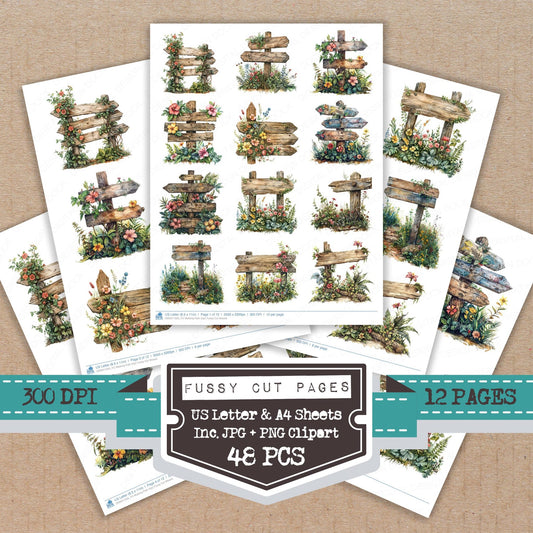 Walking Path Sign fussy cut printable sheets for junk journaling, scrapbooking, and paper craft projects