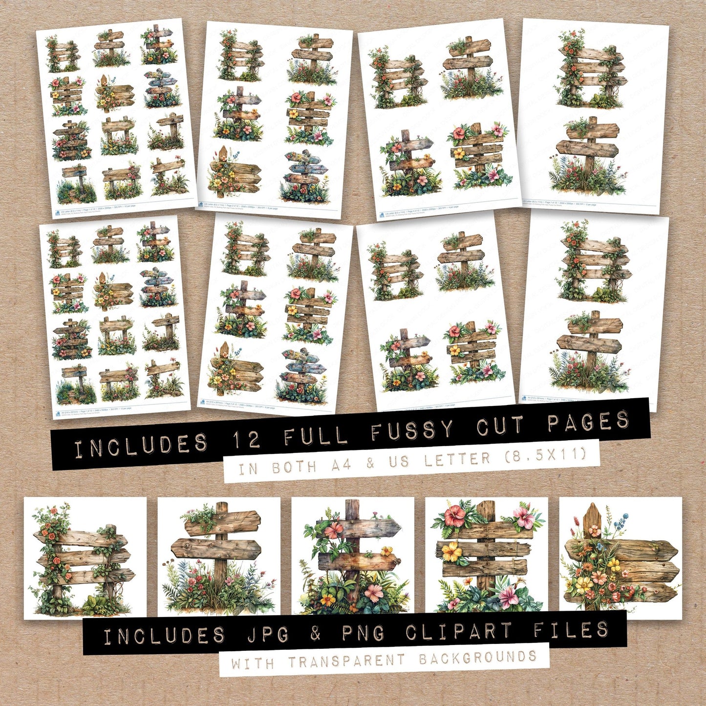 Full collection view of Walking Path Sign fussy cut sheets with bonus clipart JPG and PNG files