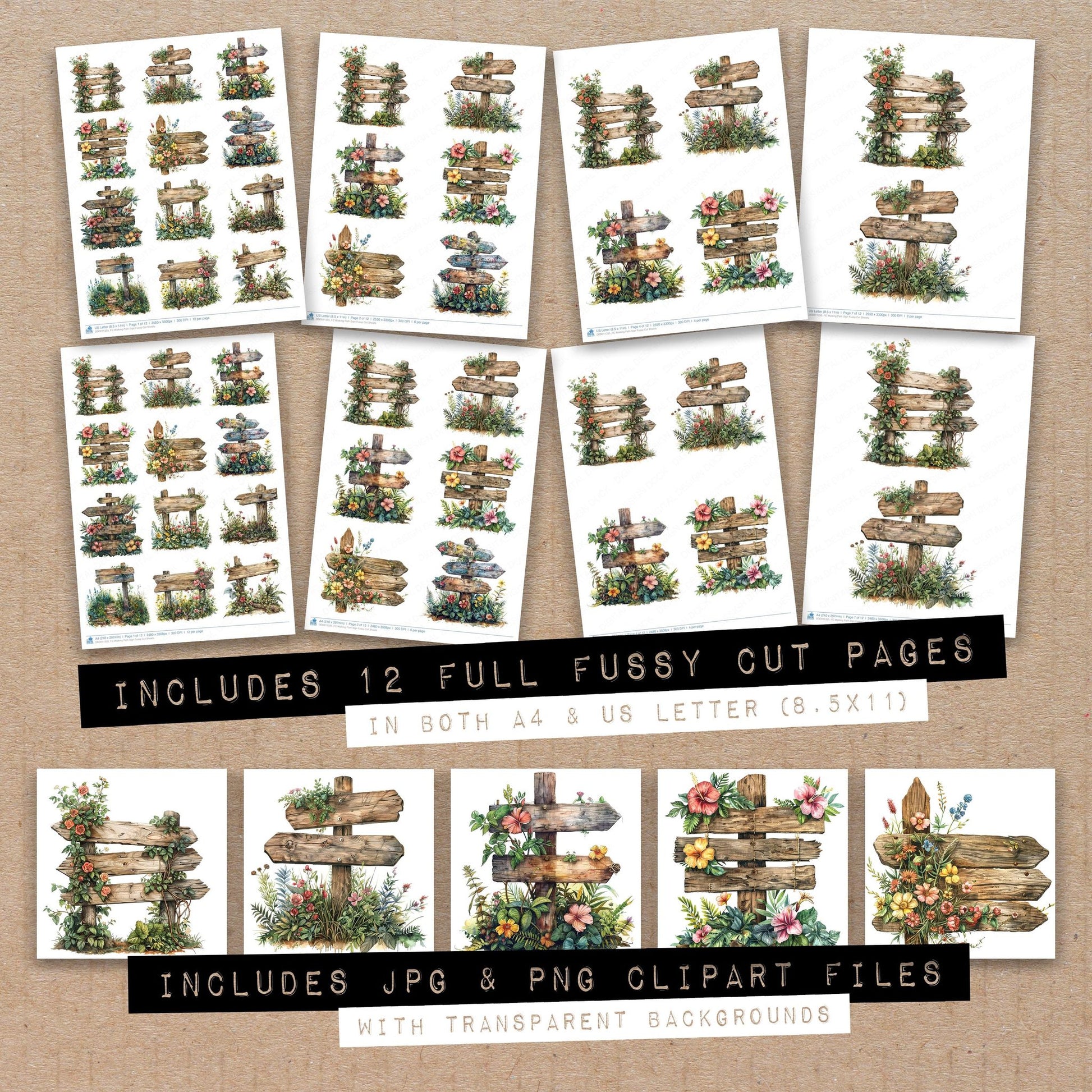 Full collection view of Walking Path Sign fussy cut sheets with bonus clipart JPG and PNG files