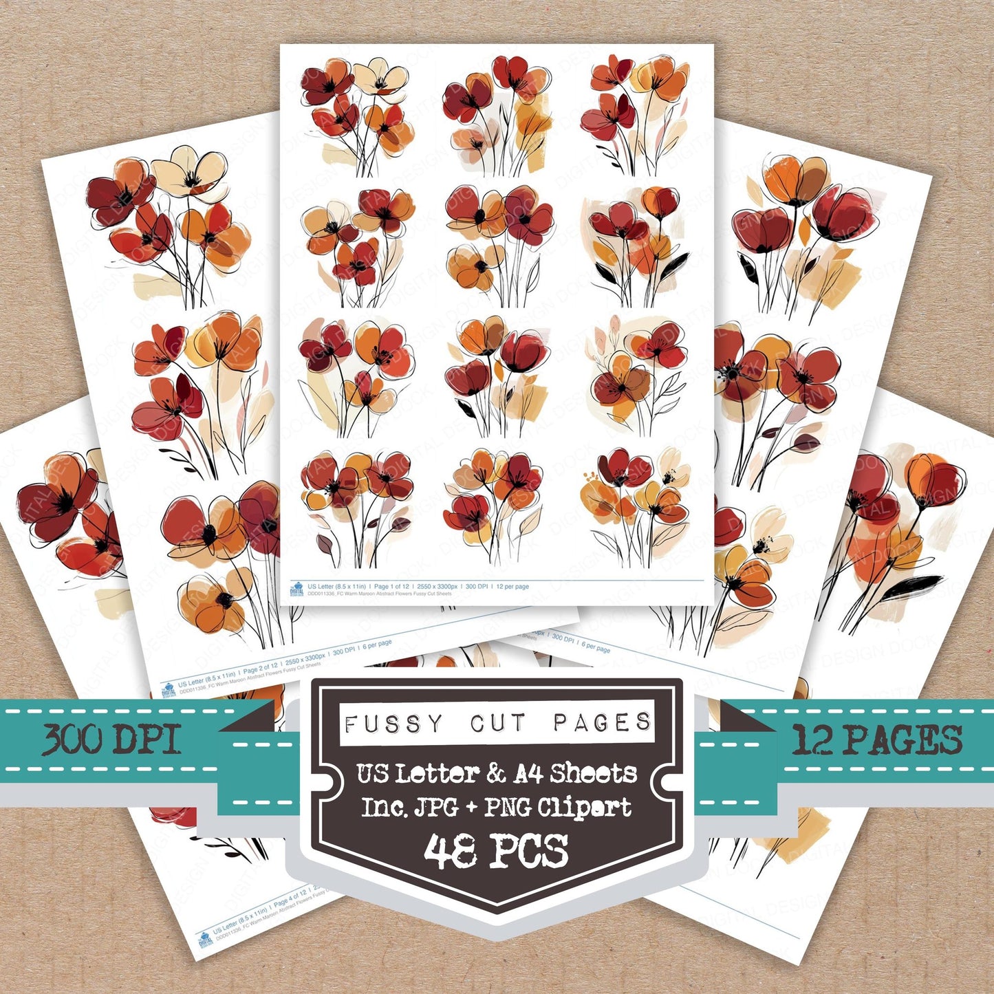 Warm Maroon Abstract Flowers fussy cut printable sheets for junk journaling, scrapbooking, and paper craft projects