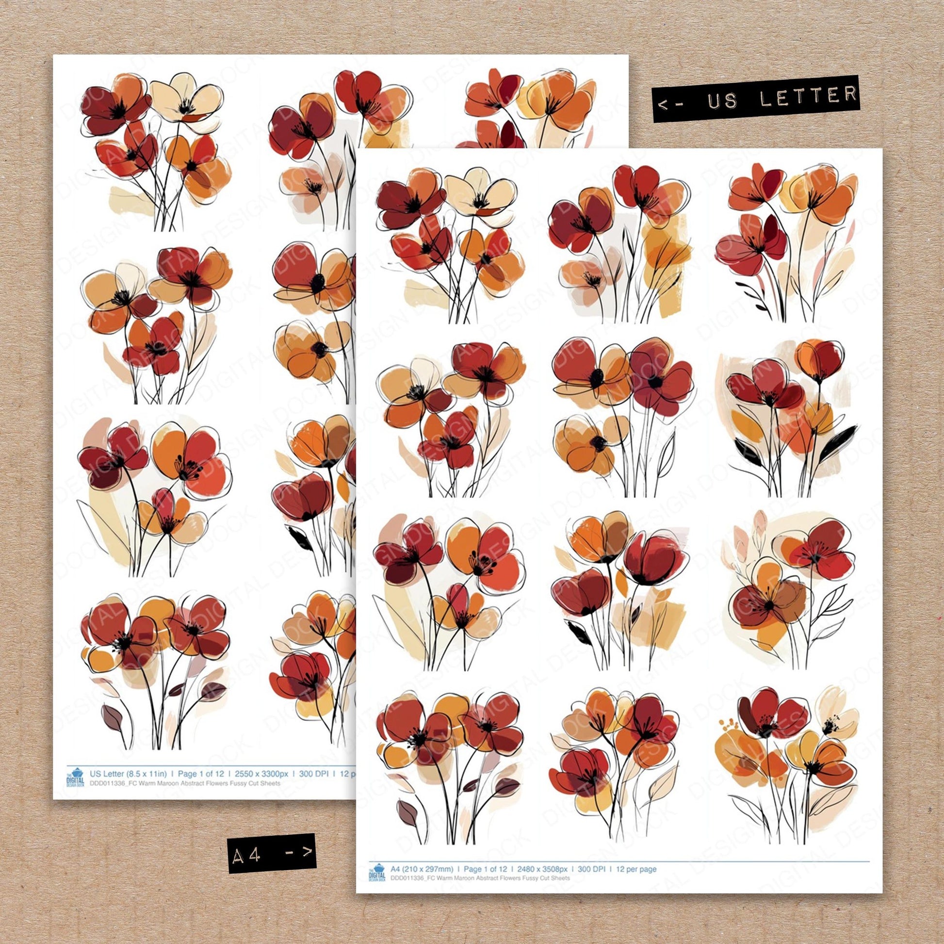 A4 and US Letter format comparison showing Warm Maroon Abstract Flowers fussy cut pages for print and cut crafting