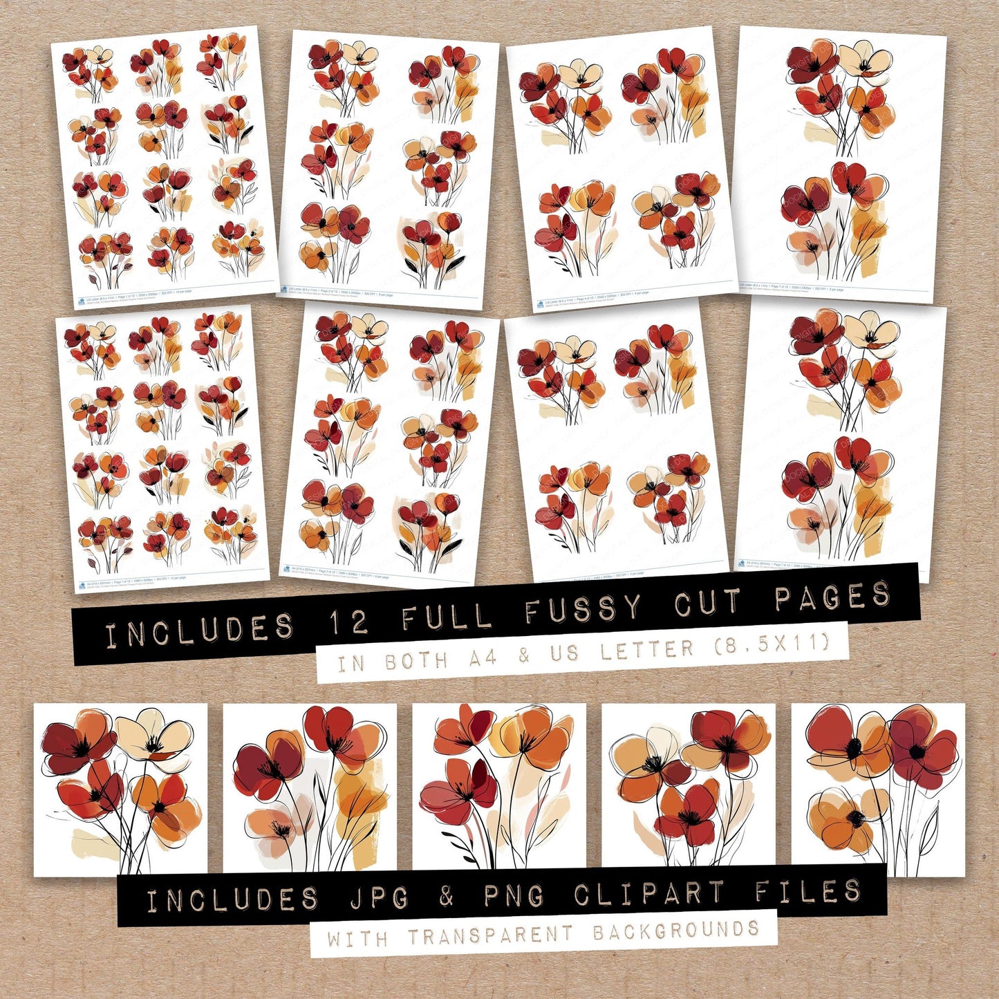 Full collection view of Warm Maroon Abstract Flowers fussy cut sheets with bonus clipart JPG and PNG files