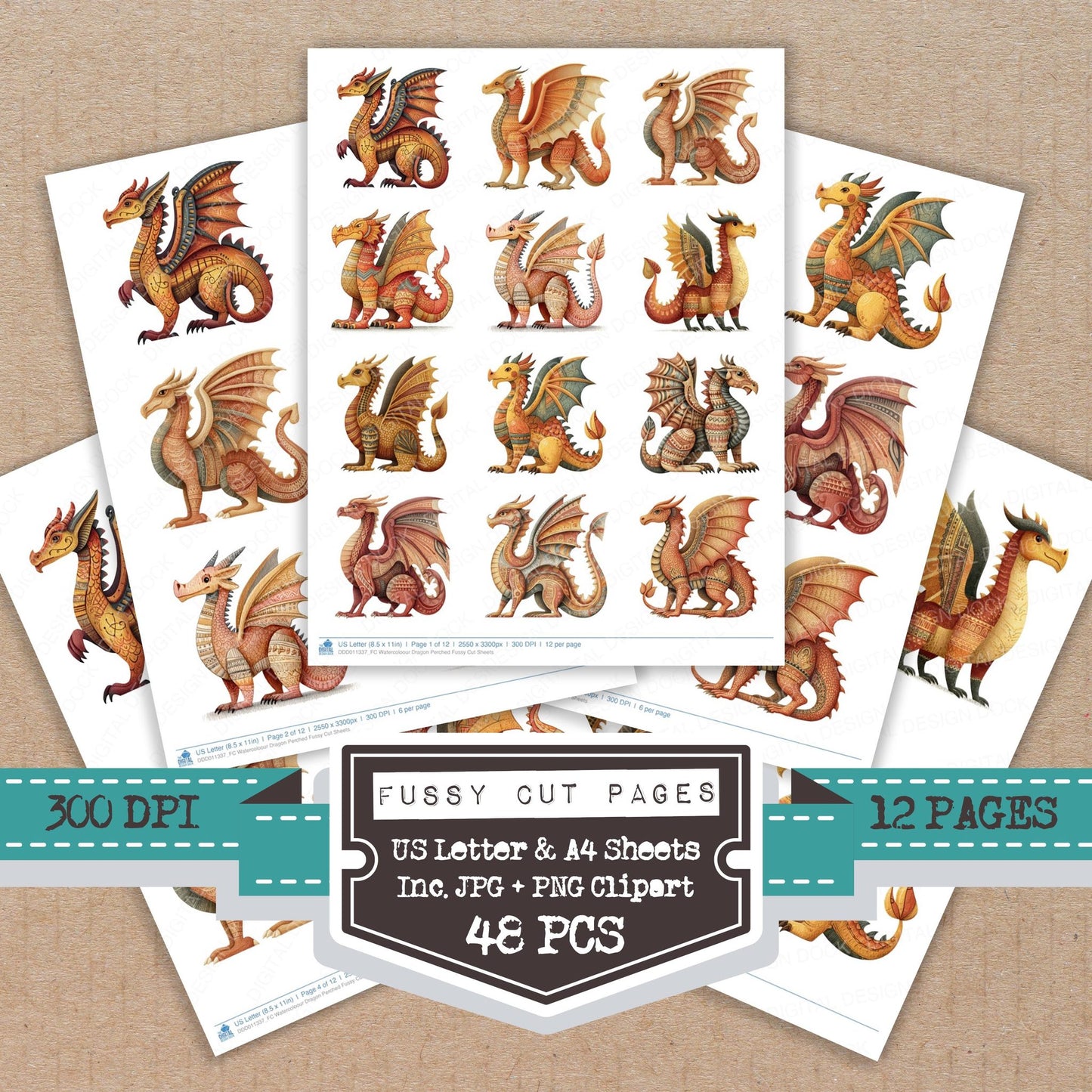 Watercoloour Dragon Perched fussy cut printable sheets for junk journaling, scrapbooking, and paper craft projects