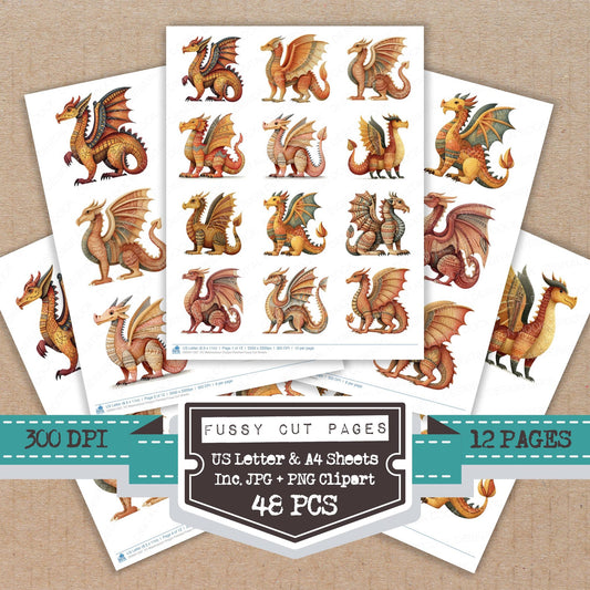 Watercoloour Dragon Perched fussy cut printable sheets for junk journaling, scrapbooking, and paper craft projects