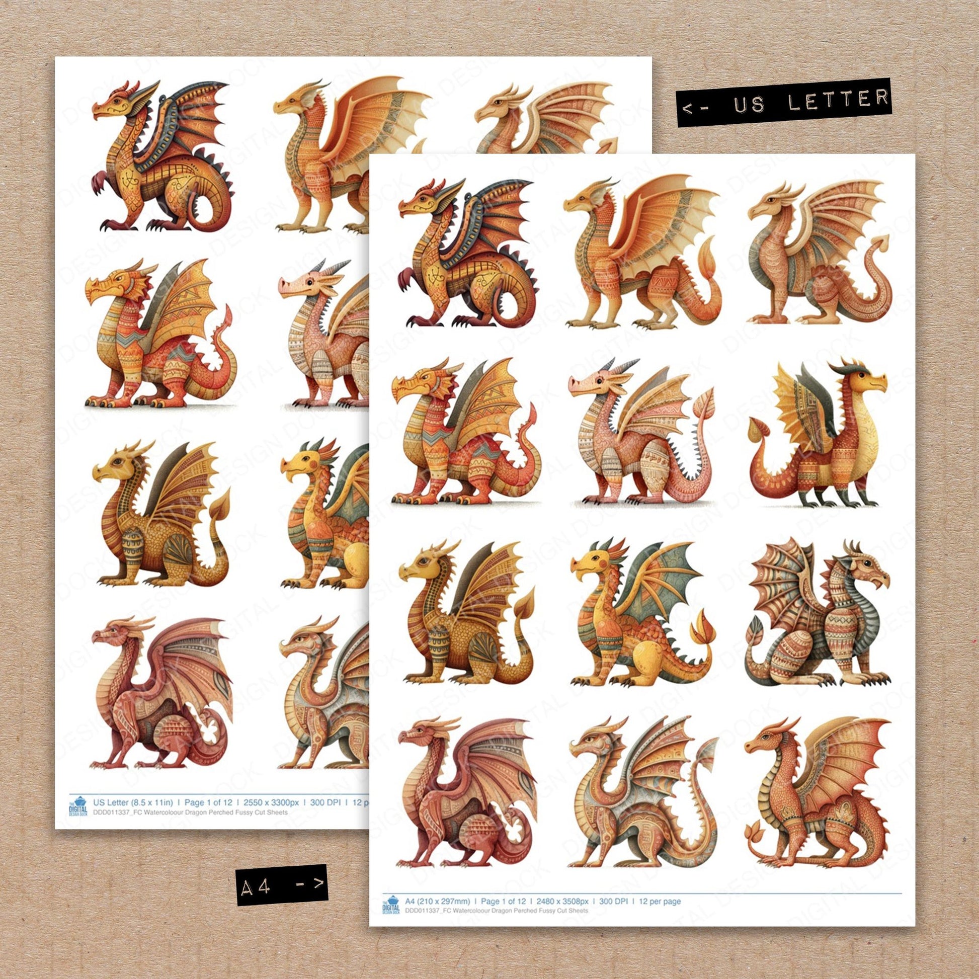 A4 and US Letter format comparison showing Watercoloour Dragon Perched fussy cut pages for print and cut crafting