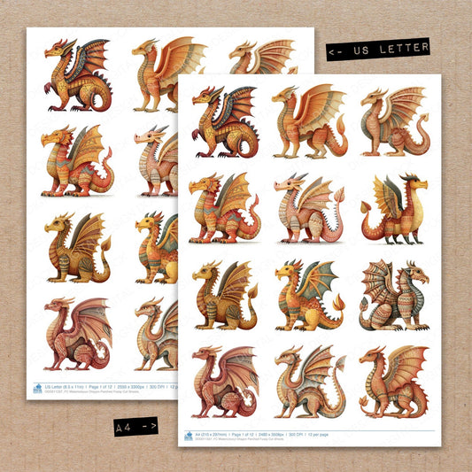 A4 and US Letter format comparison showing Watercoloour Dragon Perched fussy cut pages for print and cut crafting