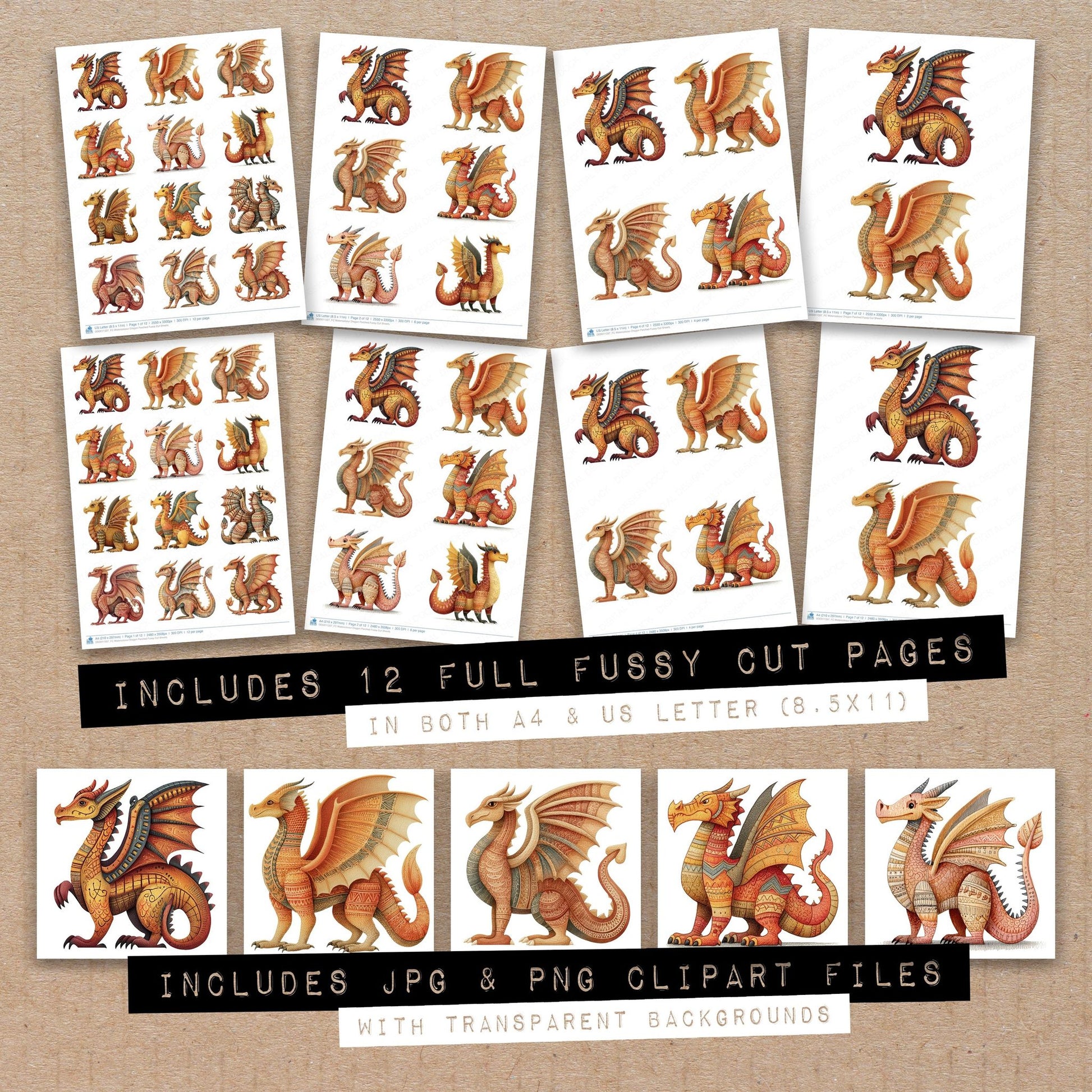 Full collection view of Watercoloour Dragon Perched fussy cut sheets with bonus clipart JPG and PNG files