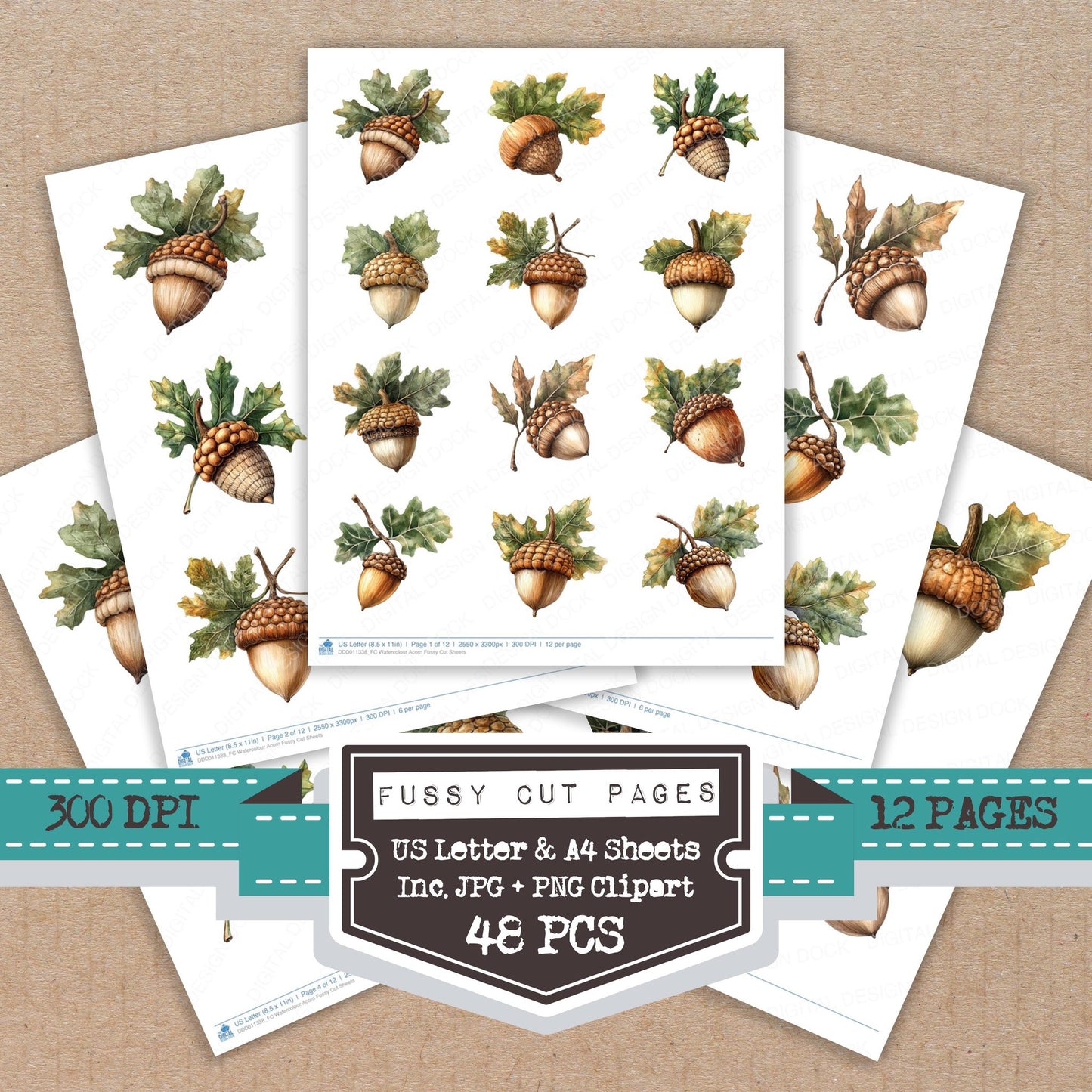 Watercolour Acorn fussy cut printable sheets for junk journaling, scrapbooking, and paper craft projects
