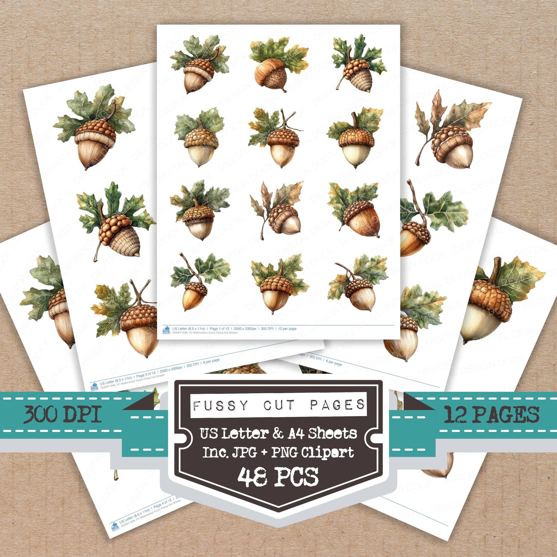 Watercolour Acorn fussy cut printable sheets for junk journaling, scrapbooking, and paper craft projects