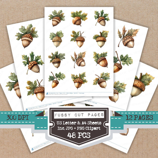 Watercolour Acorn fussy cut printable sheets for junk journaling, scrapbooking, and paper craft projects