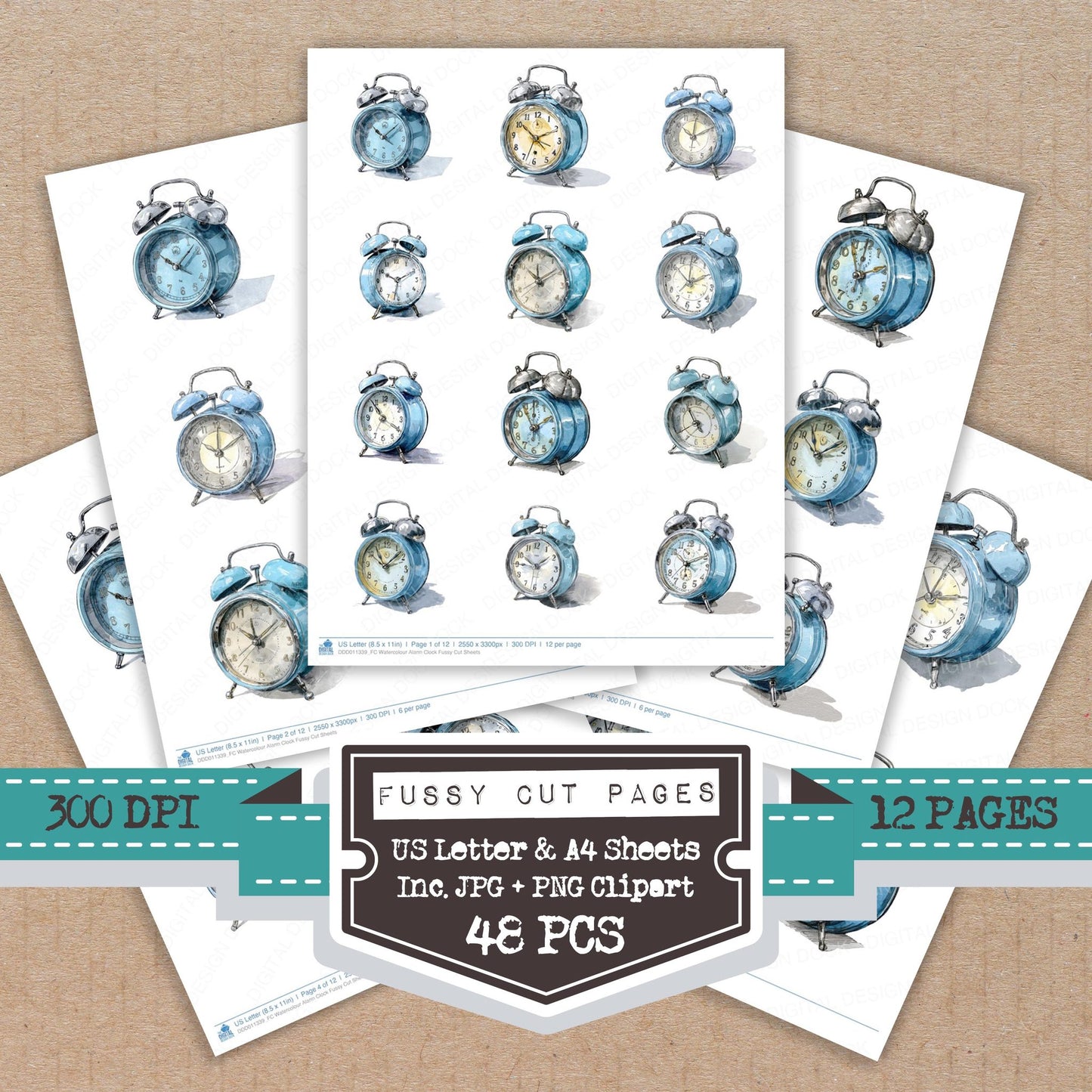 Watercolour Alarm Clock fussy cut printable sheets for junk journaling, scrapbooking, and paper craft projects