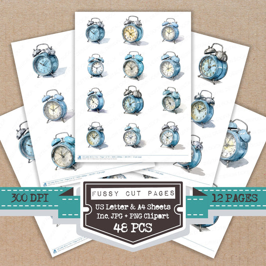 Watercolour Alarm Clock fussy cut printable sheets for junk journaling, scrapbooking, and paper craft projects