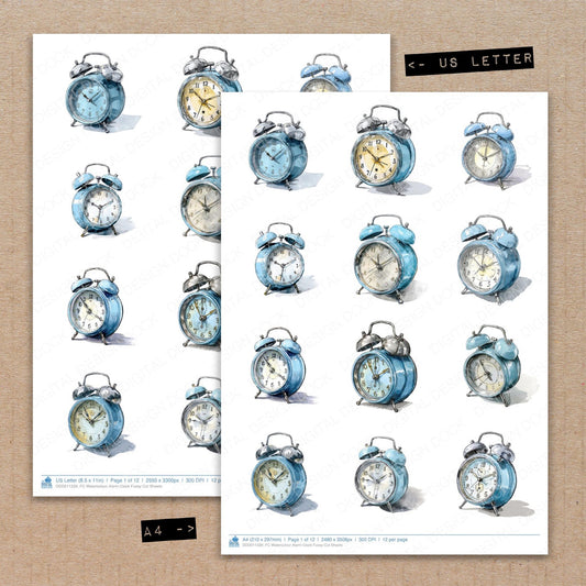 A4 and US Letter format comparison showing Watercolour Alarm Clock fussy cut pages for print and cut crafting