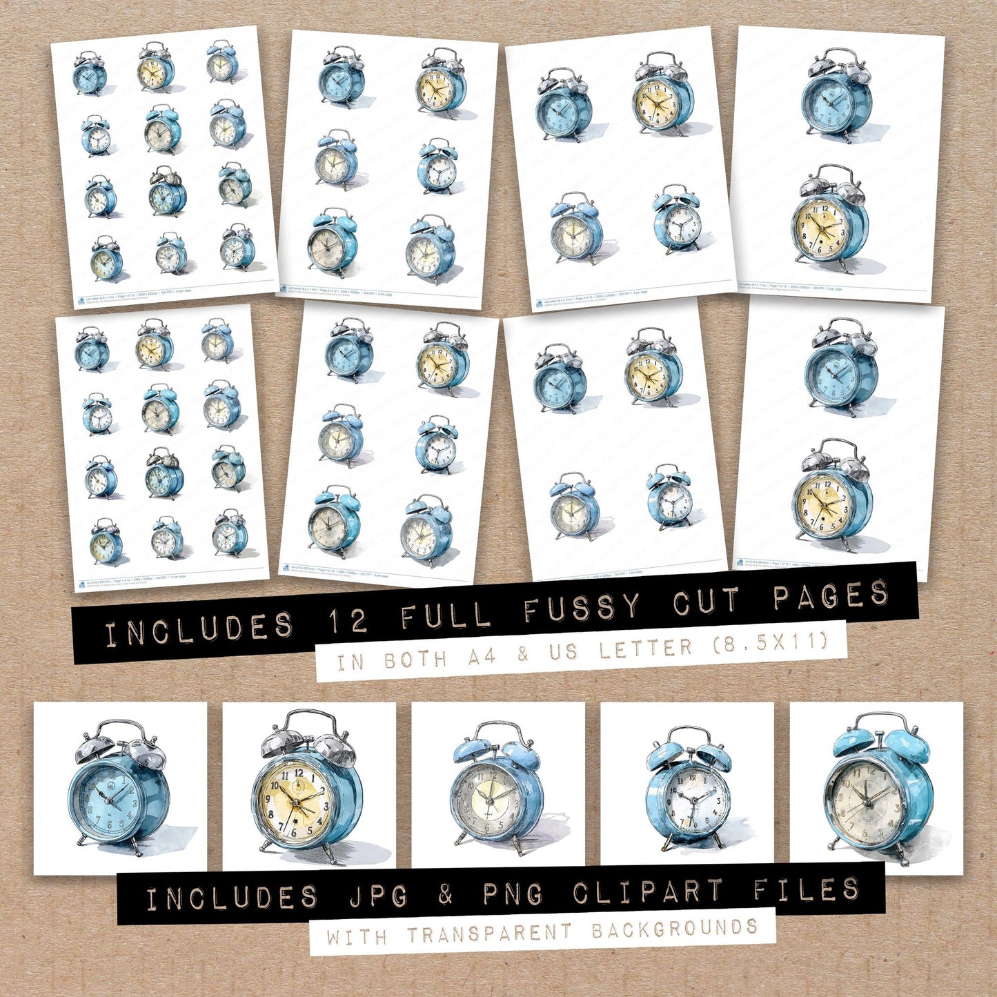 Full collection view of Watercolour Alarm Clock fussy cut sheets with bonus clipart JPG and PNG files
