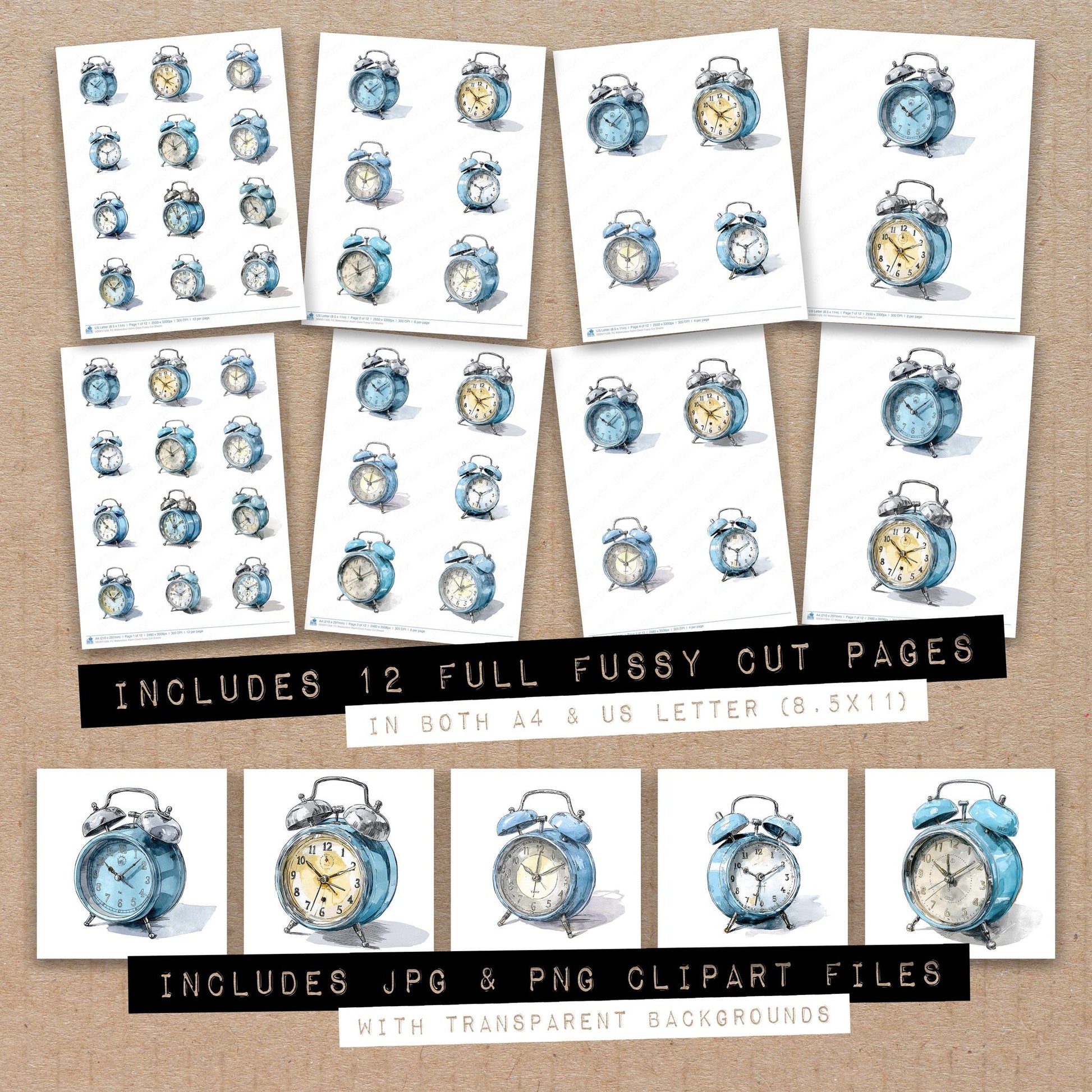 Full collection view of Watercolour Alarm Clock fussy cut sheets with bonus clipart JPG and PNG files