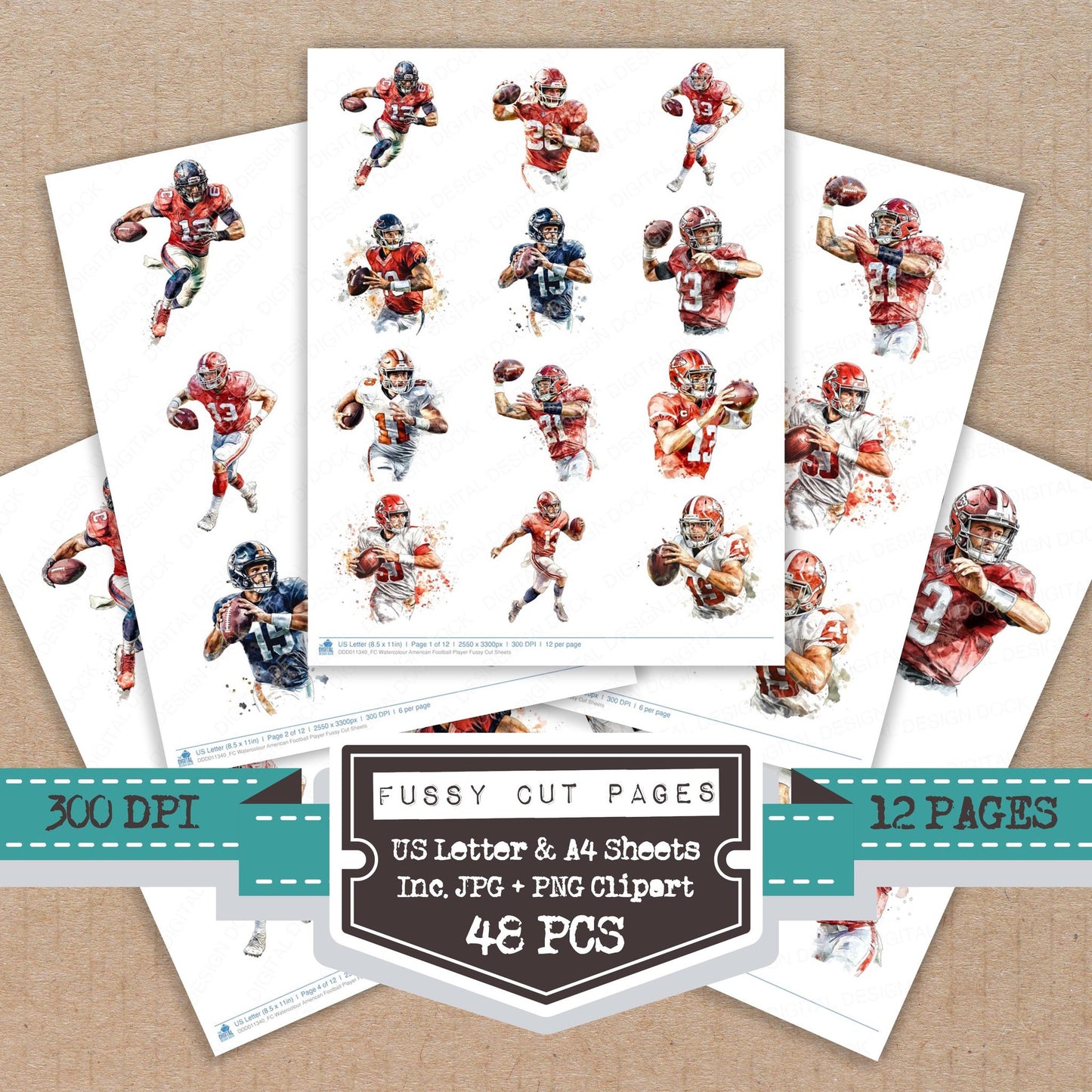Watercolour American Football Player fussy cut printable sheets for junk journaling, scrapbooking, and paper craft projects