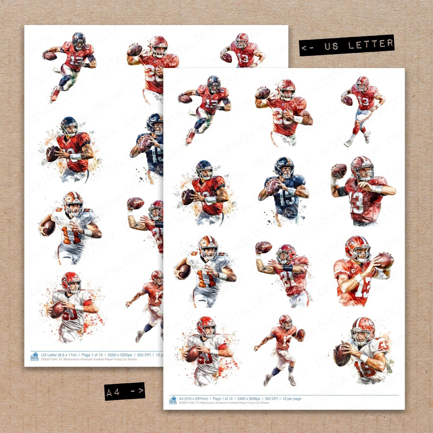 A4 and US Letter format comparison showing Watercolour American Football Player fussy cut pages for print and cut crafting