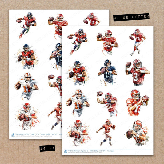 A4 and US Letter format comparison showing Watercolour American Football Player fussy cut pages for print and cut crafting