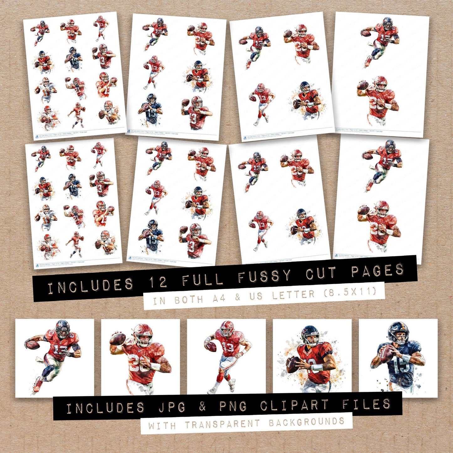 Full collection view of Watercolour American Football Player fussy cut sheets with bonus clipart JPG and PNG files