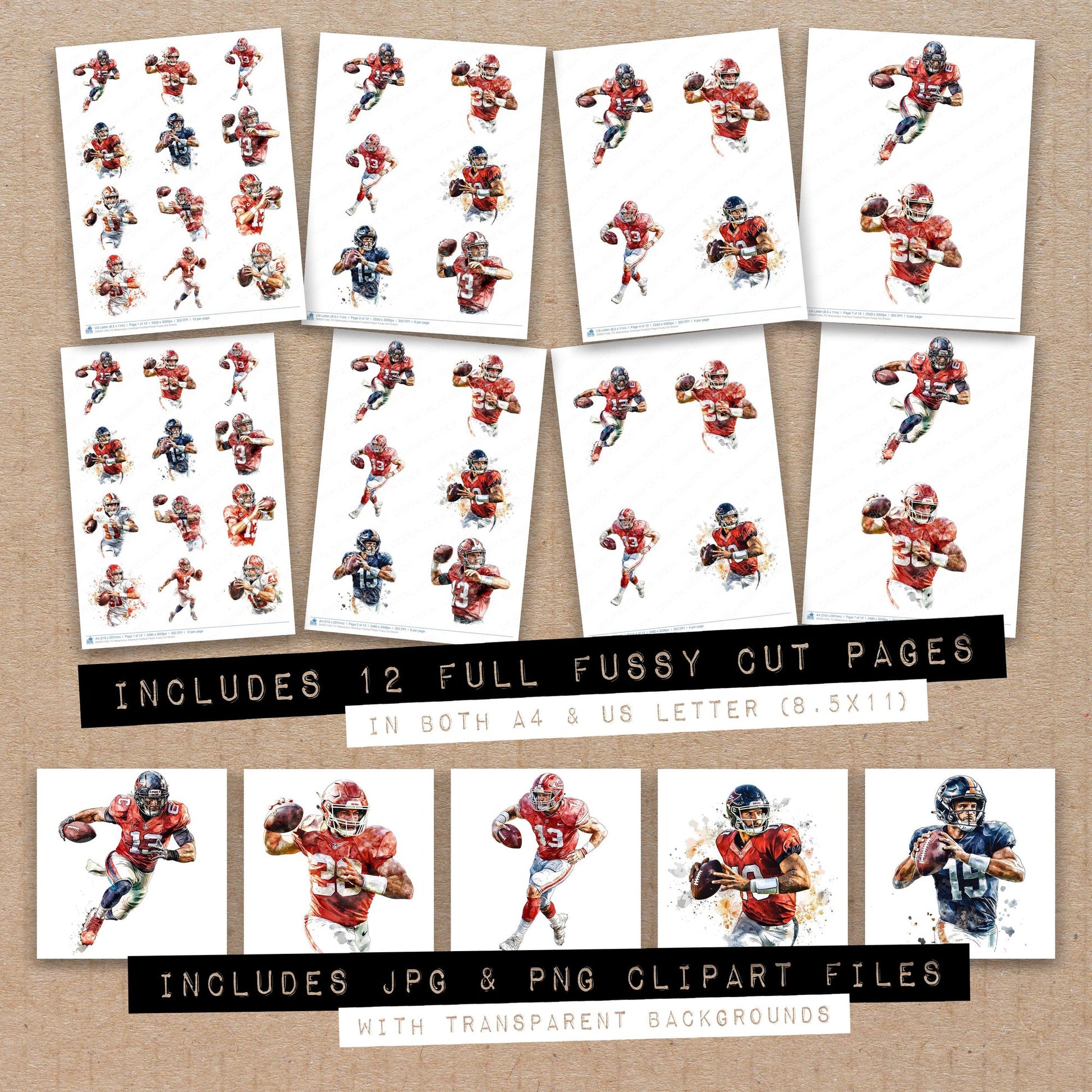 Full collection view of Watercolour American Football Player fussy cut sheets with bonus clipart JPG and PNG files