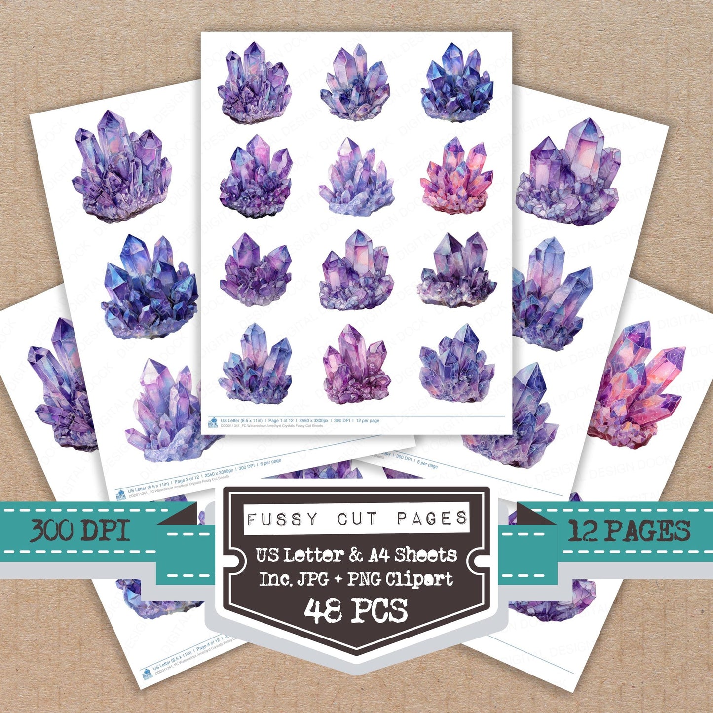 Watercolour Amethyst Crystals fussy cut printable sheets for junk journaling, scrapbooking, and paper craft projects