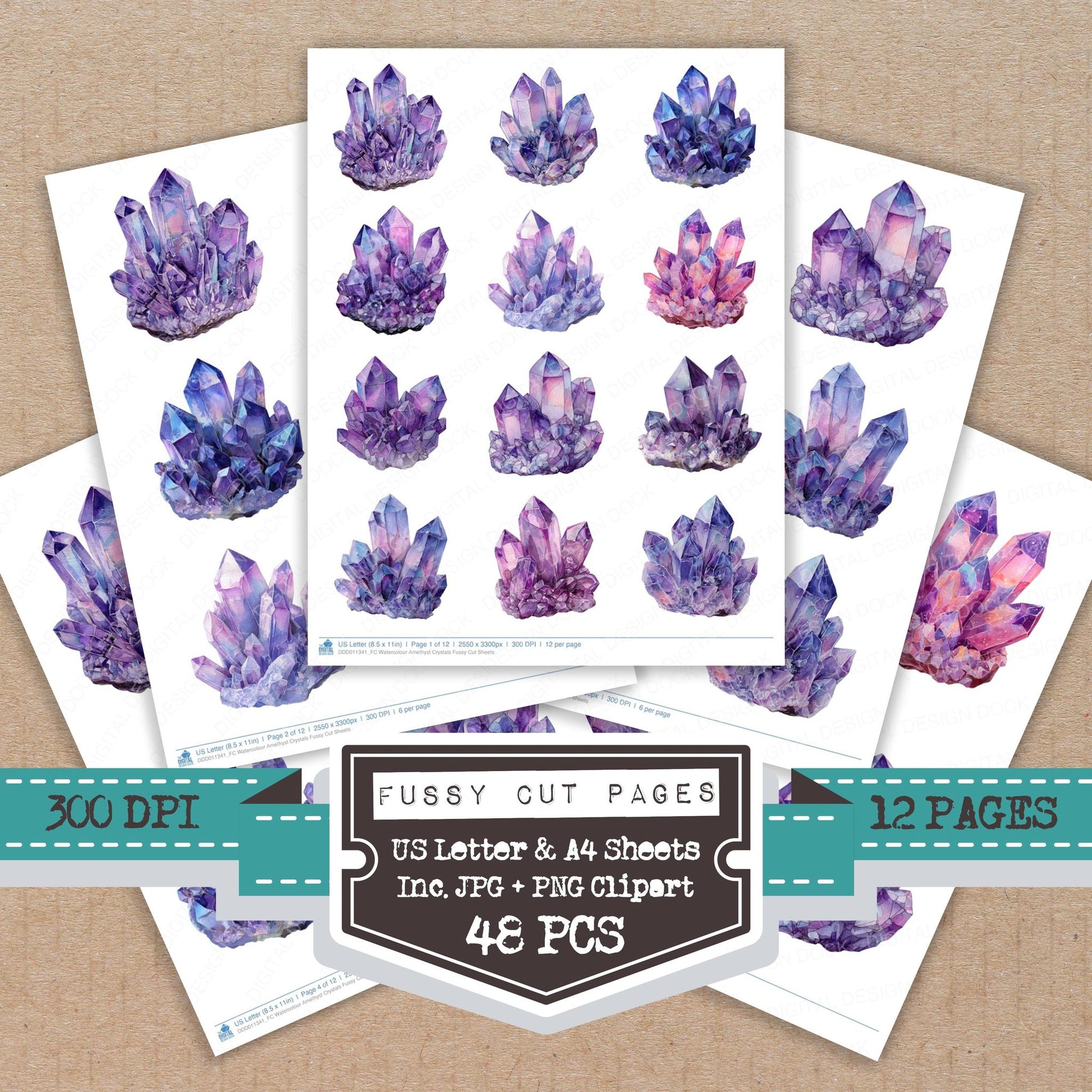 Watercolour Amethyst Crystals fussy cut printable sheets for junk journaling, scrapbooking, and paper craft projects