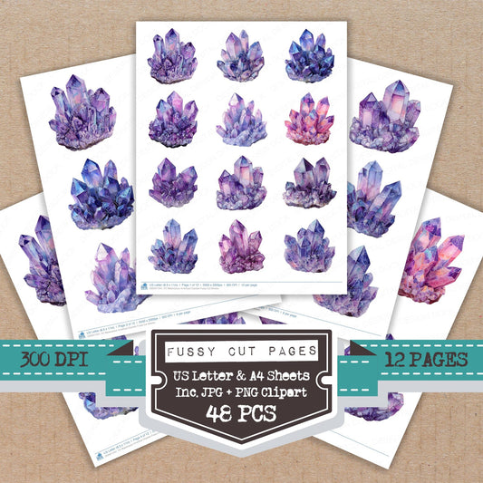 Watercolour Amethyst Crystals fussy cut printable sheets for junk journaling, scrapbooking, and paper craft projects