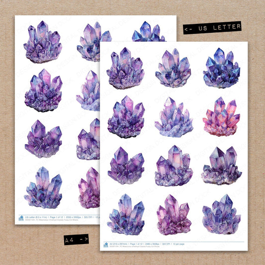 A4 and US Letter format comparison showing Watercolour Amethyst Crystals fussy cut pages for print and cut crafting