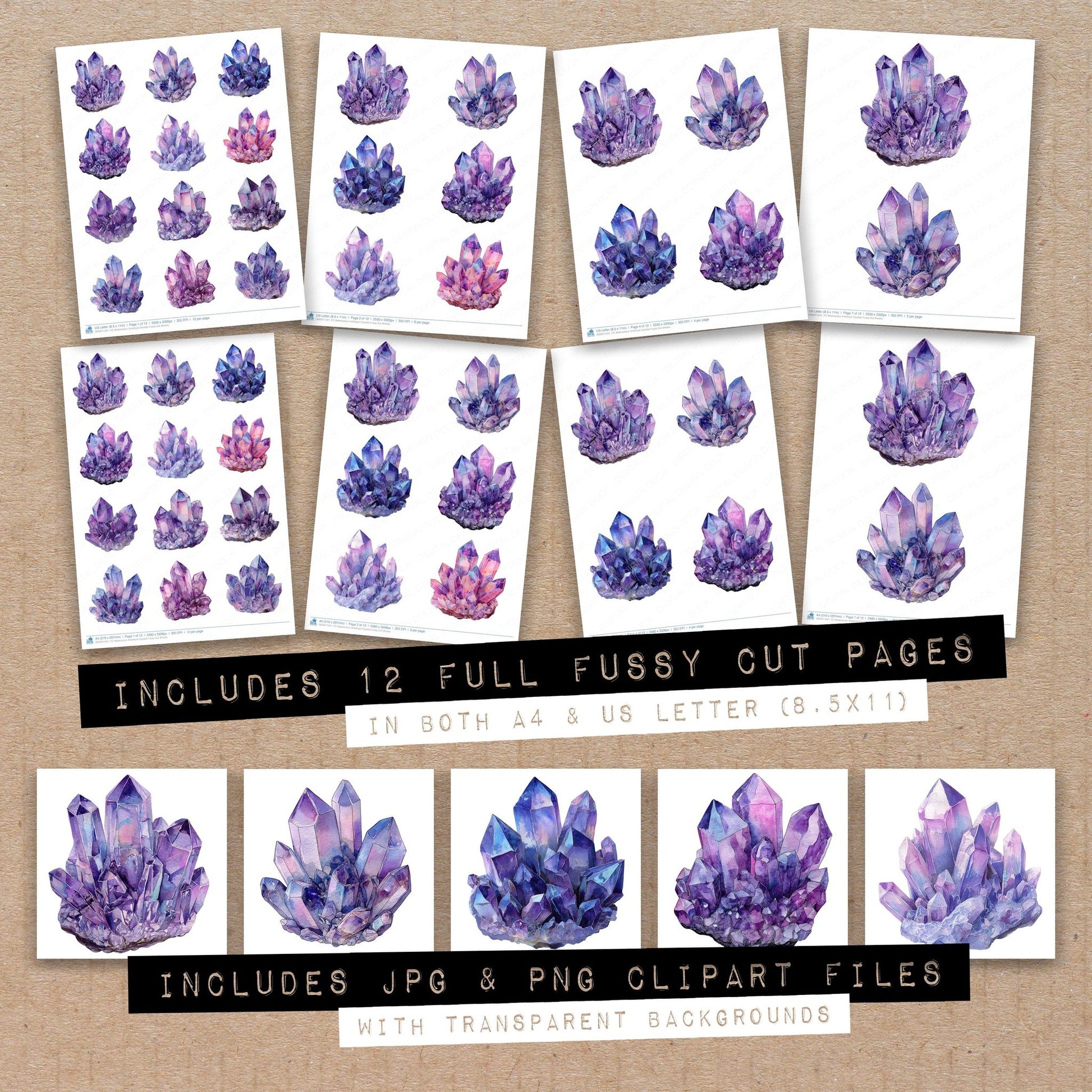 Full collection view of Watercolour Amethyst Crystals fussy cut sheets with bonus clipart JPG and PNG files