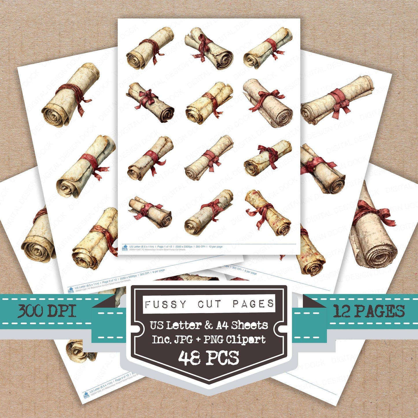 Watercolour Ancient Scroll fussy cut printable sheets for junk journaling, scrapbooking, and paper craft projects