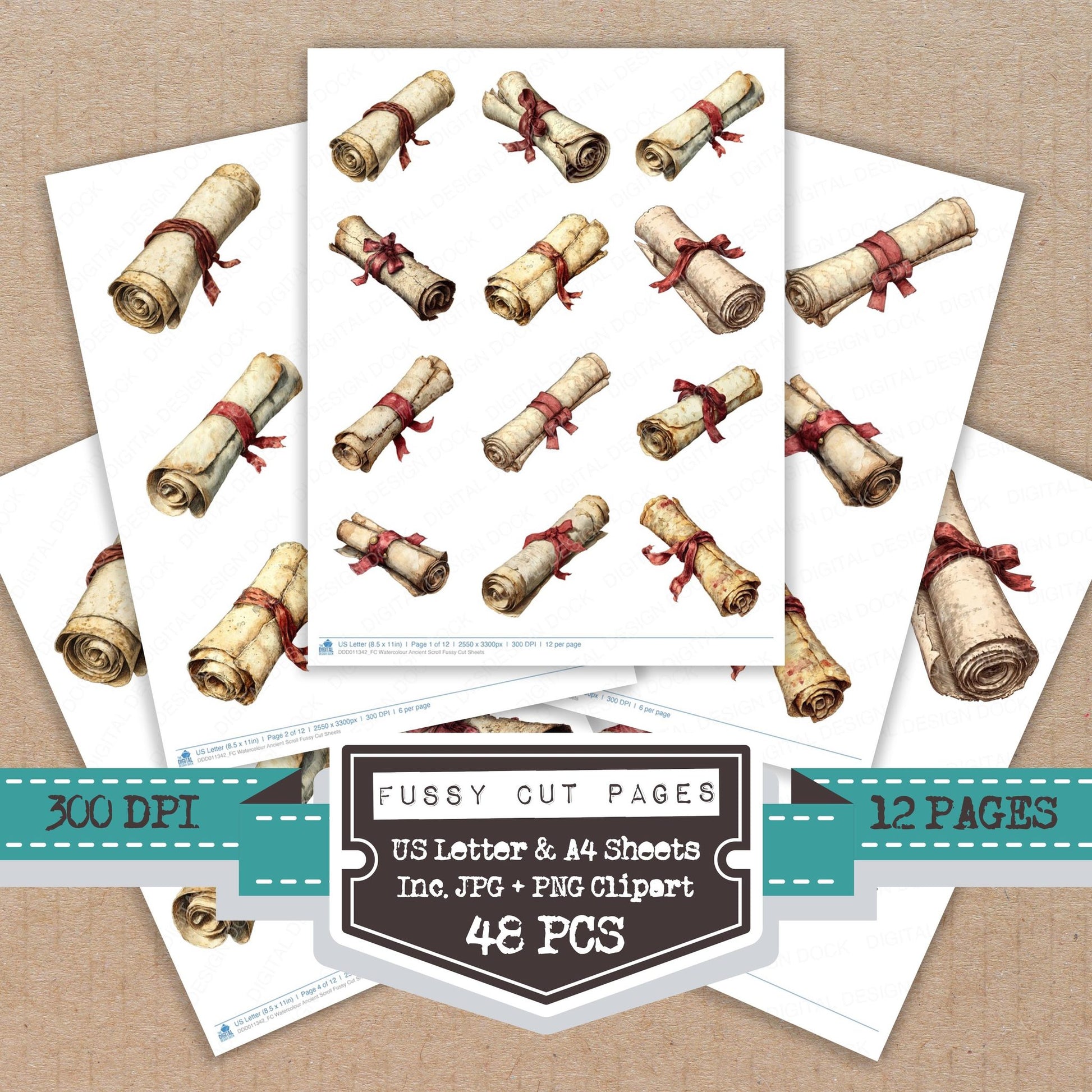 Watercolour Ancient Scroll fussy cut printable sheets for junk journaling, scrapbooking, and paper craft projects