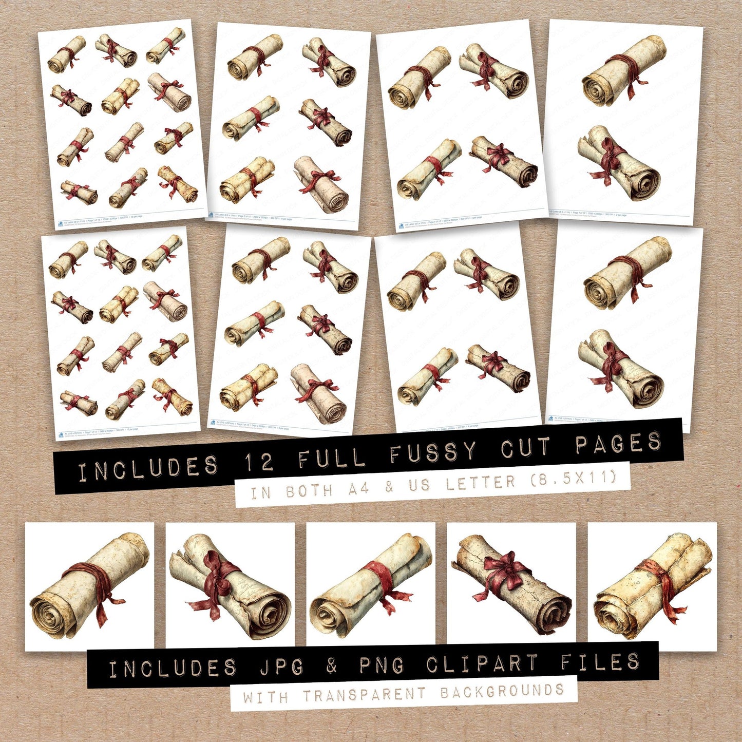 Full collection view of Watercolour Ancient Scroll fussy cut sheets with bonus clipart JPG and PNG files