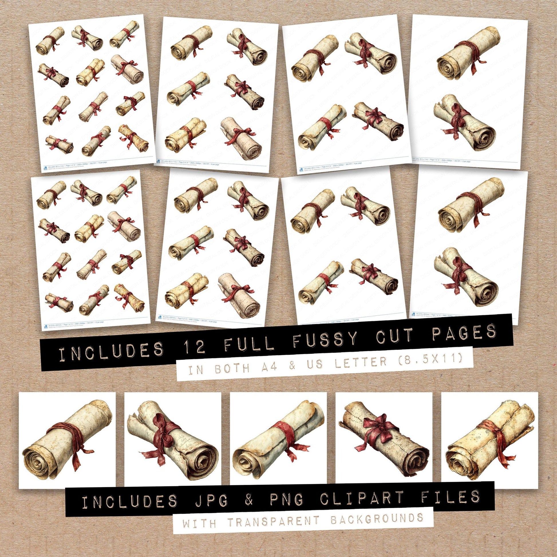 Full collection view of Watercolour Ancient Scroll fussy cut sheets with bonus clipart JPG and PNG files