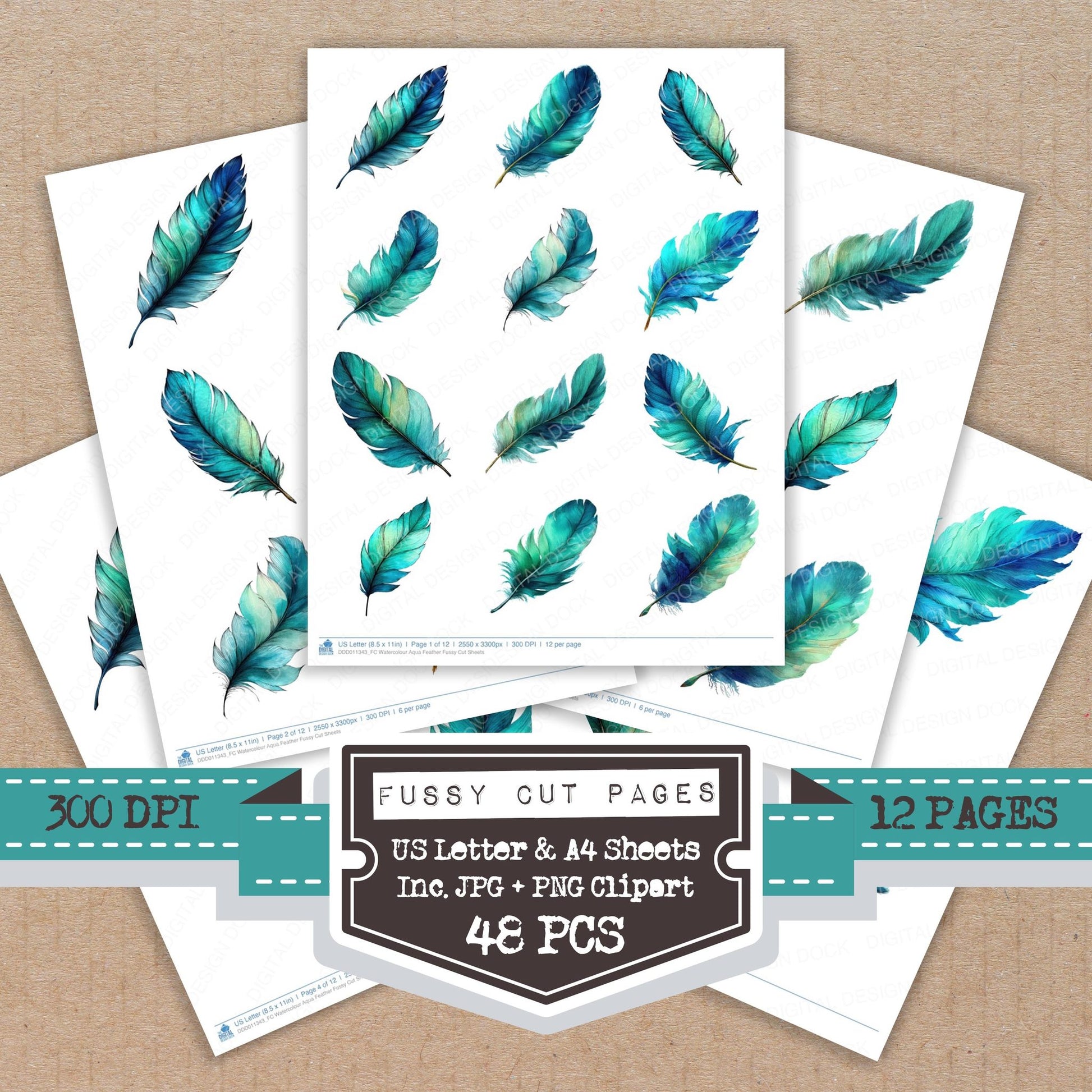 Watercolour Aqua Feather fussy cut printable sheets for junk journaling, scrapbooking, and paper craft projects