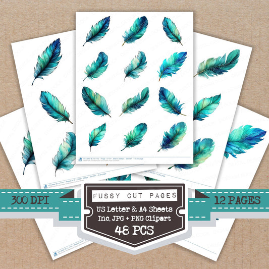 Watercolour Aqua Feather fussy cut printable sheets for junk journaling, scrapbooking, and paper craft projects