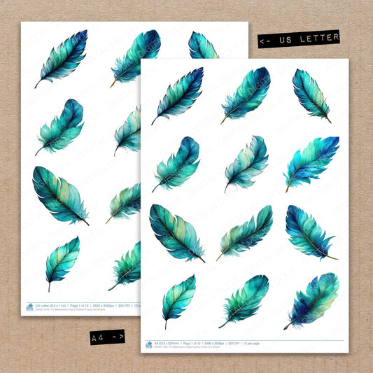 A4 and US Letter format comparison showing Watercolour Aqua Feather fussy cut pages for print and cut crafting