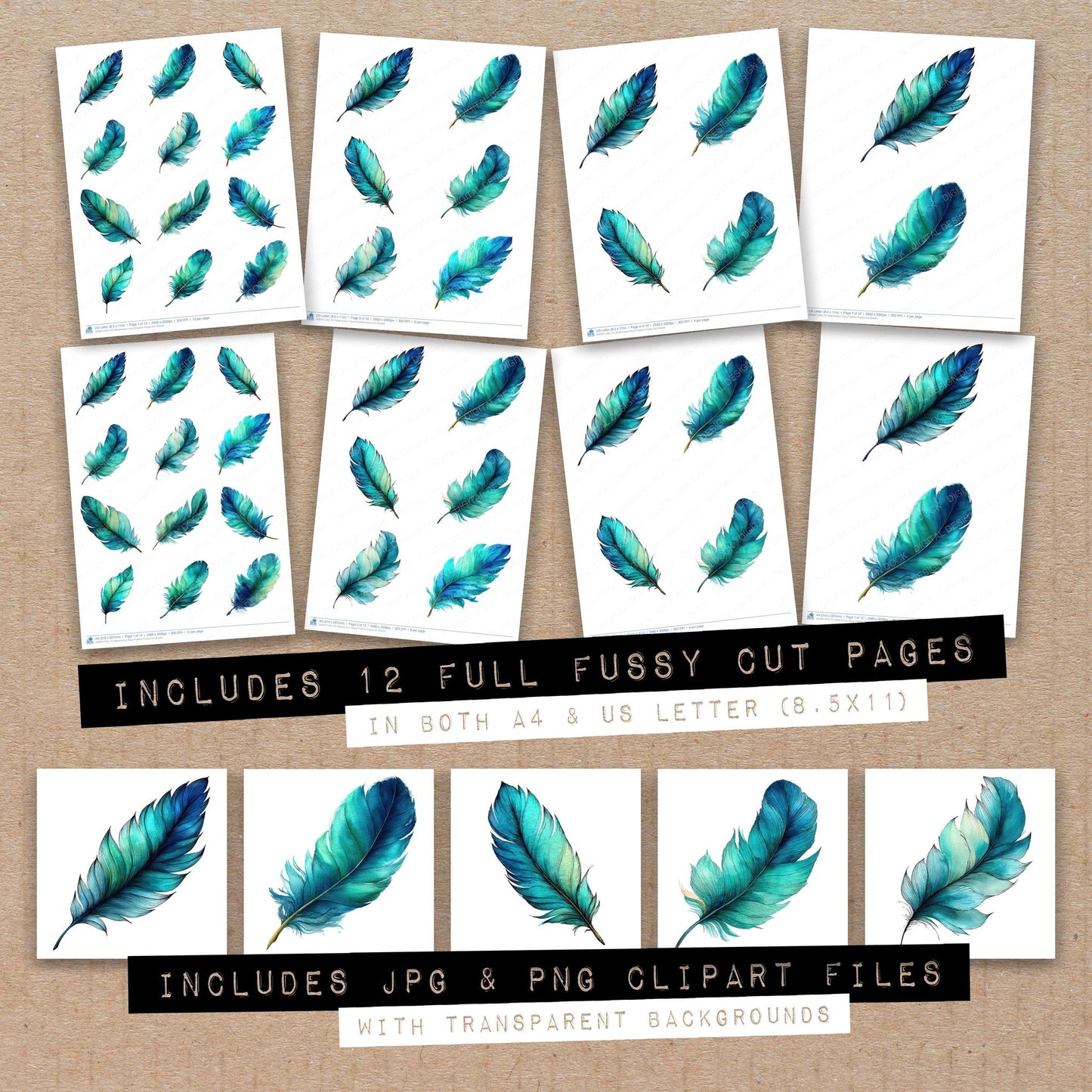 Full collection view of Watercolour Aqua Feather fussy cut sheets with bonus clipart JPG and PNG files