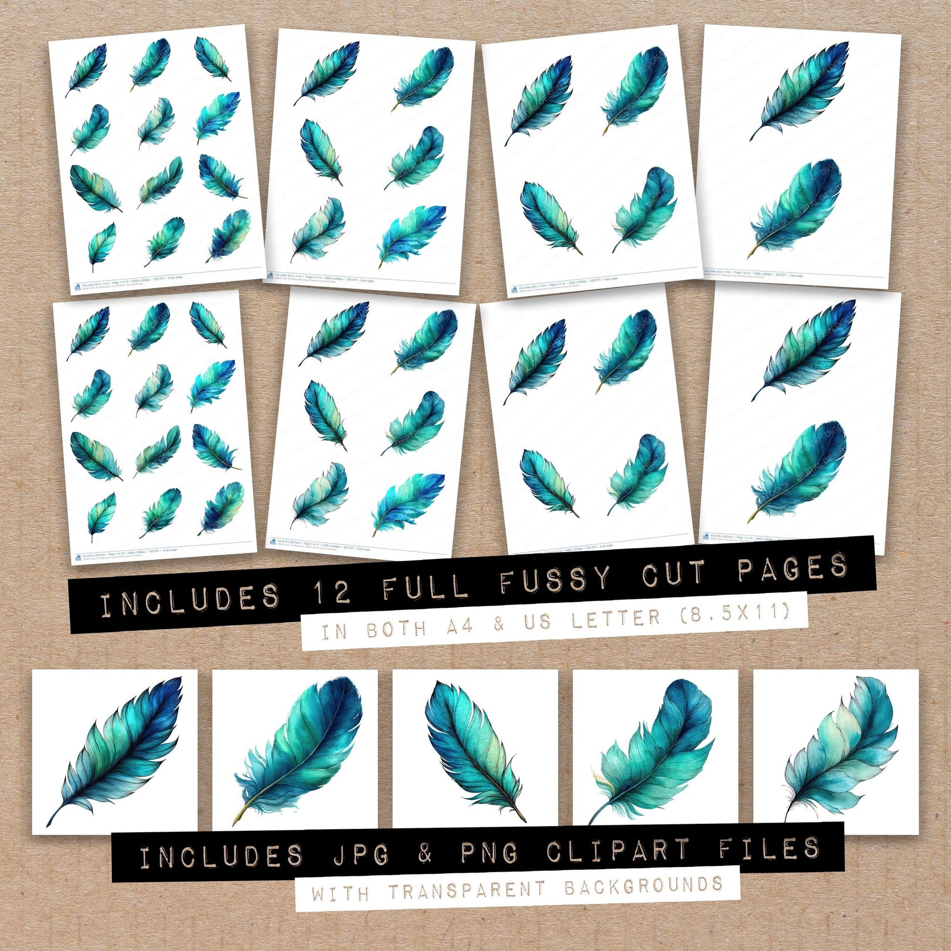 Full collection view of Watercolour Aqua Feather fussy cut sheets with bonus clipart JPG and PNG files