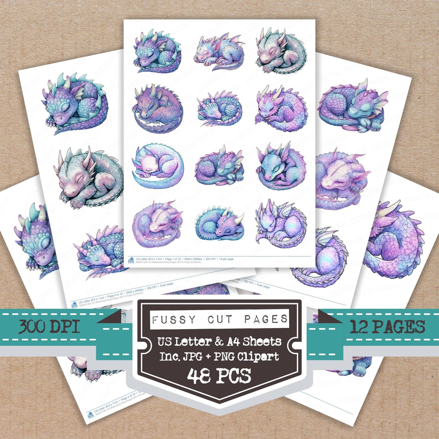 Watercolour Baby Dragon A fussy cut printable sheets for junk journaling, scrapbooking, and paper craft projects