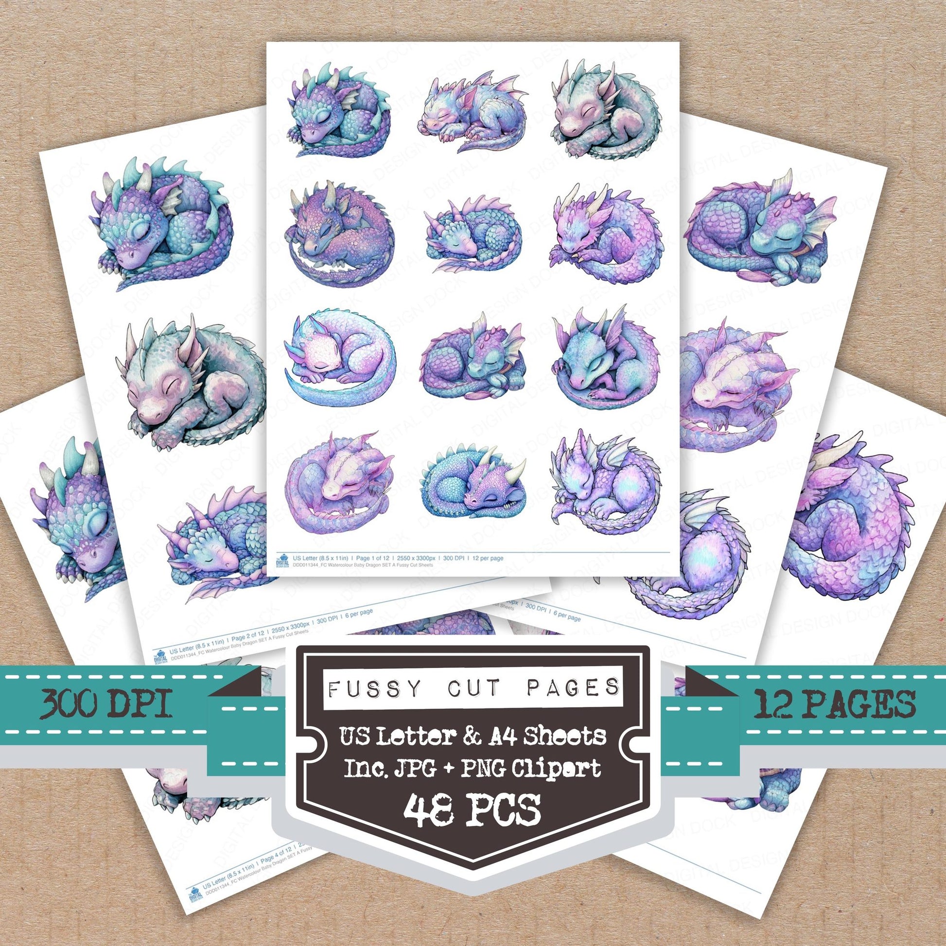 Watercolour Baby Dragon A fussy cut printable sheets for junk journaling, scrapbooking, and paper craft projects