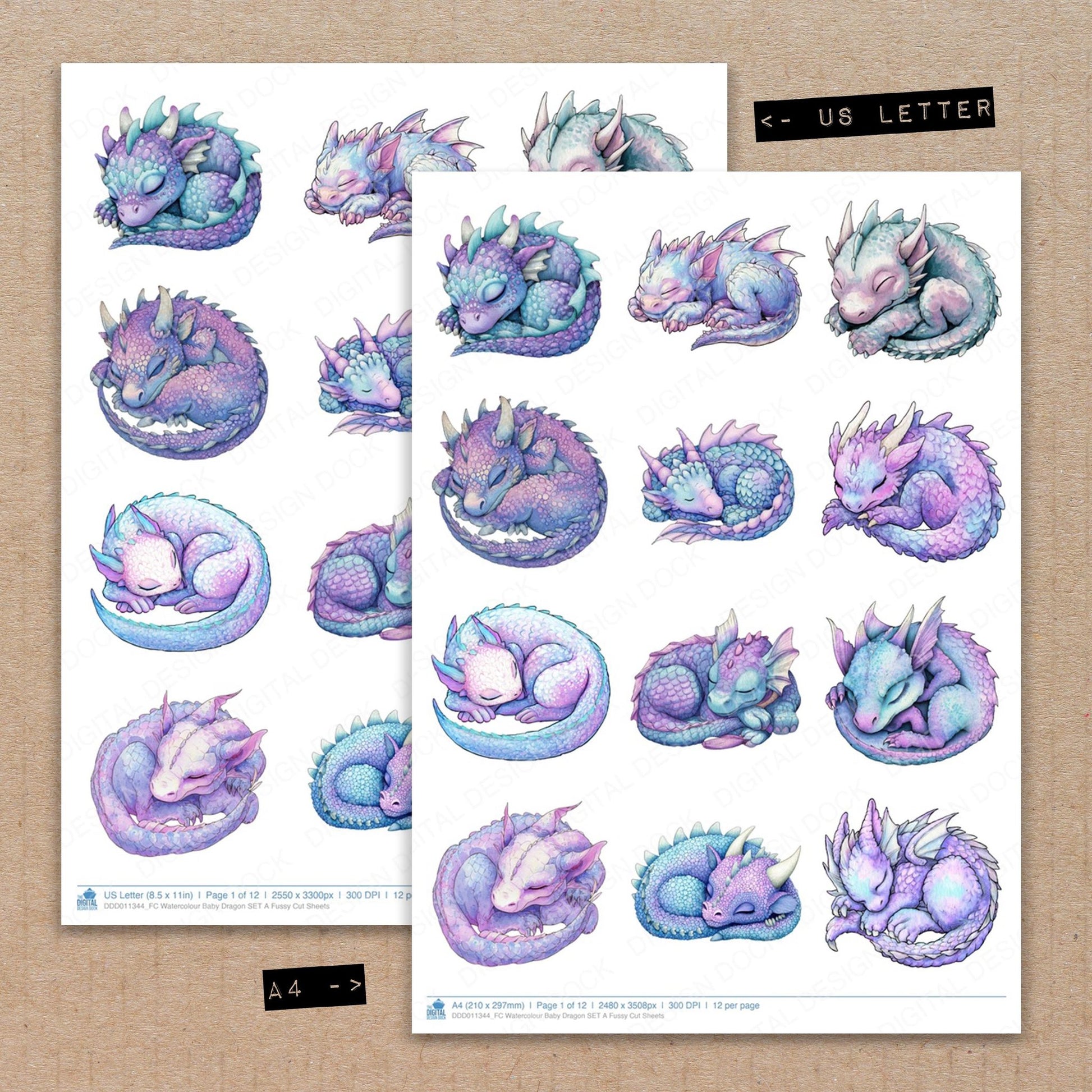 A4 and US Letter format comparison showing Watercolour Baby Dragon A fussy cut pages for print and cut crafting