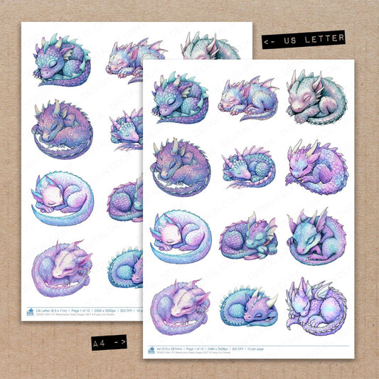 A4 and US Letter format comparison showing Watercolour Baby Dragon A fussy cut pages for print and cut crafting