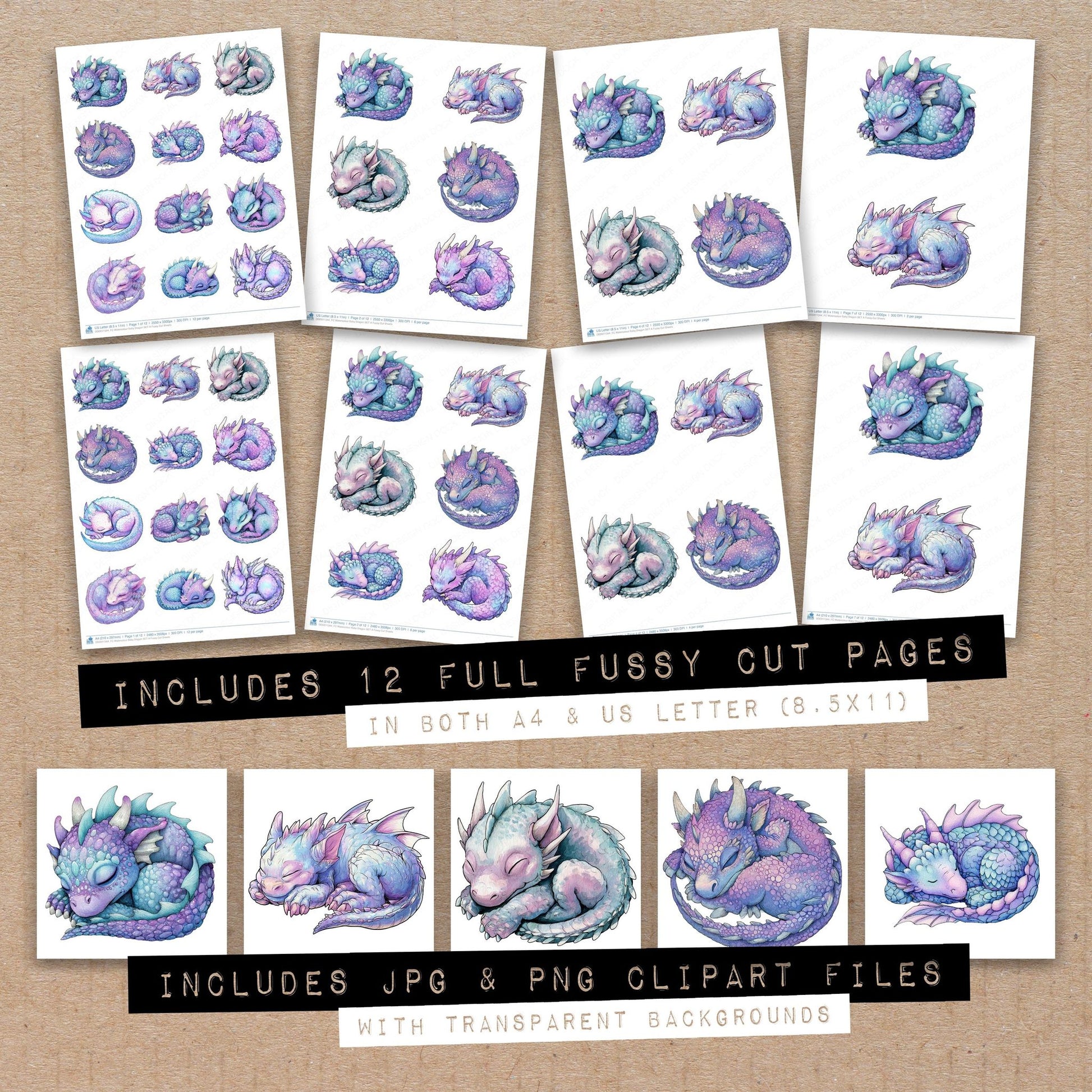 Full collection view of Watercolour Baby Dragon A fussy cut sheets with bonus clipart JPG and PNG files