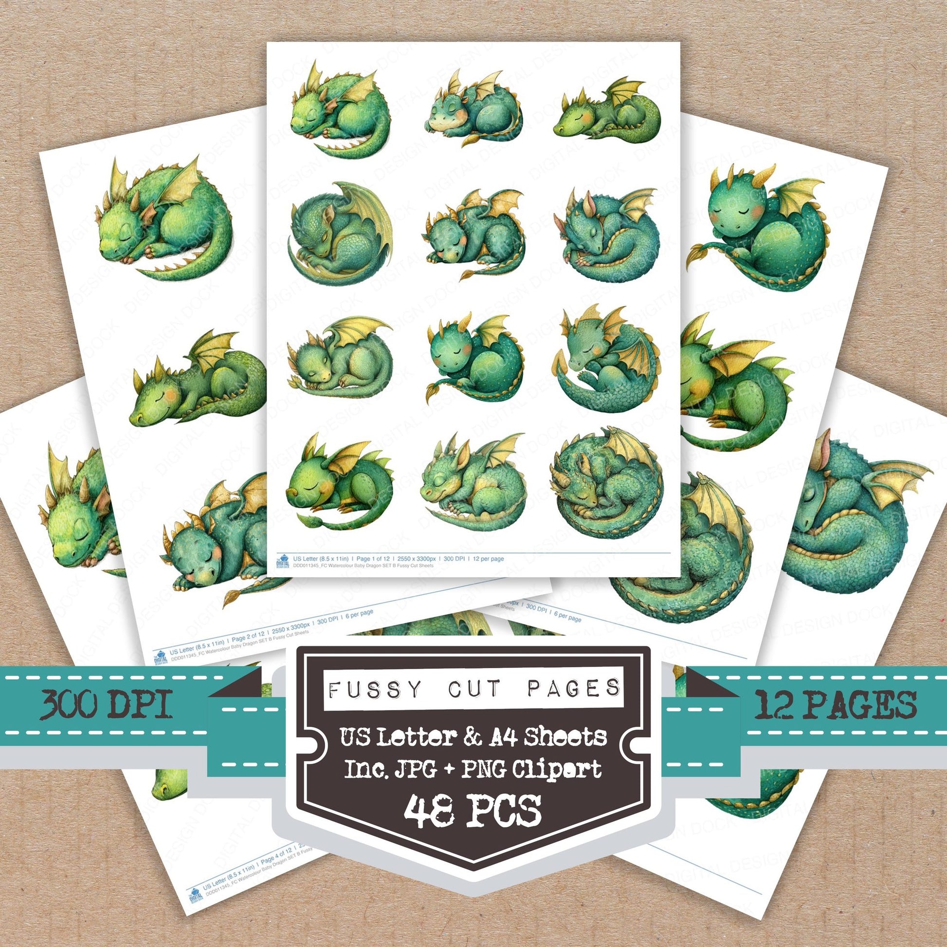 Watercolour Baby Dragon B fussy cut printable sheets for junk journaling, scrapbooking, and paper craft projects
